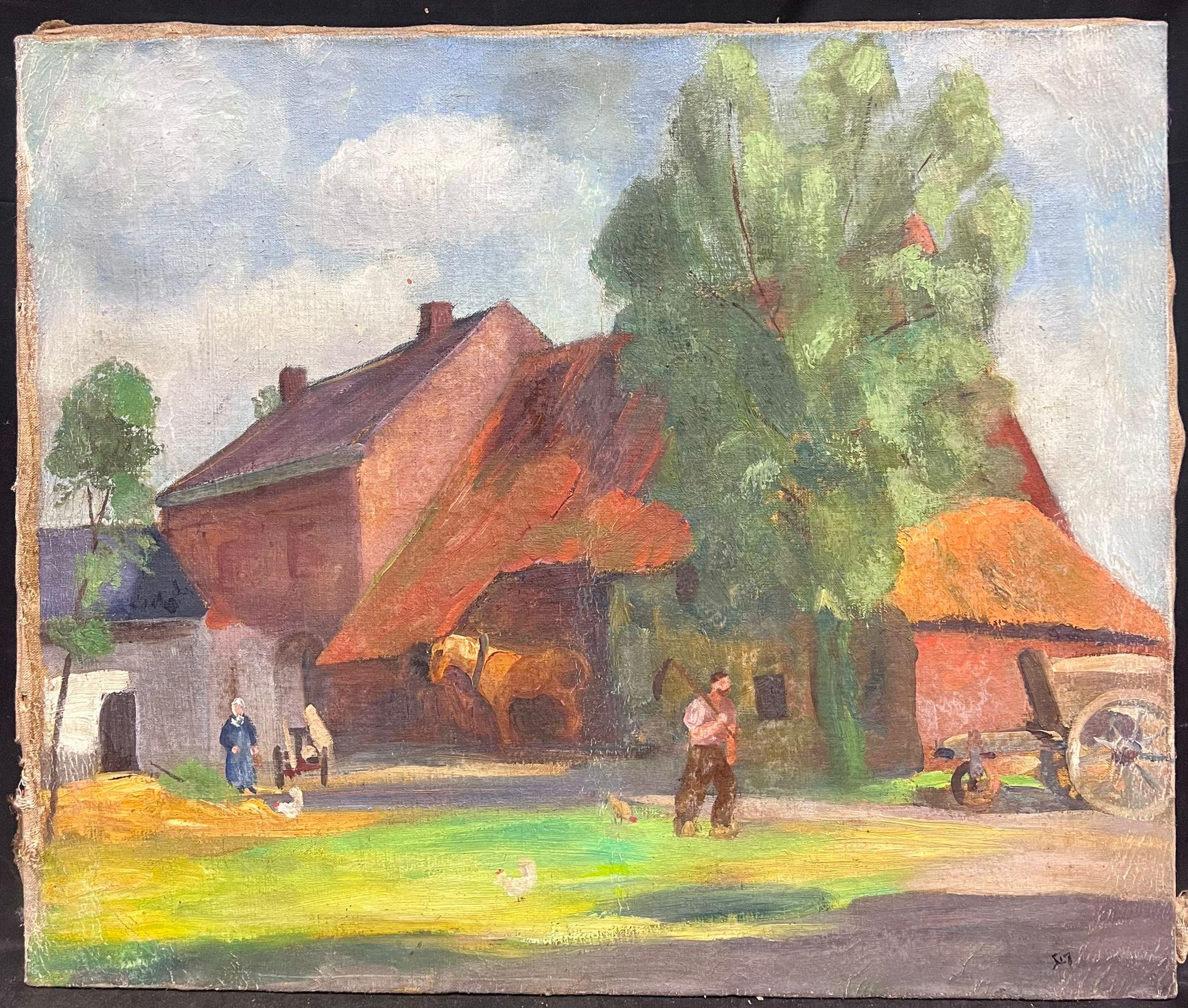Grande olio del primo Novecento francese post-impressionista con scene di cortile e figure - Painting di French School