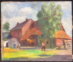 Large Early 20th Century French Post Impressionist Oil Farmyard Scene Figures
