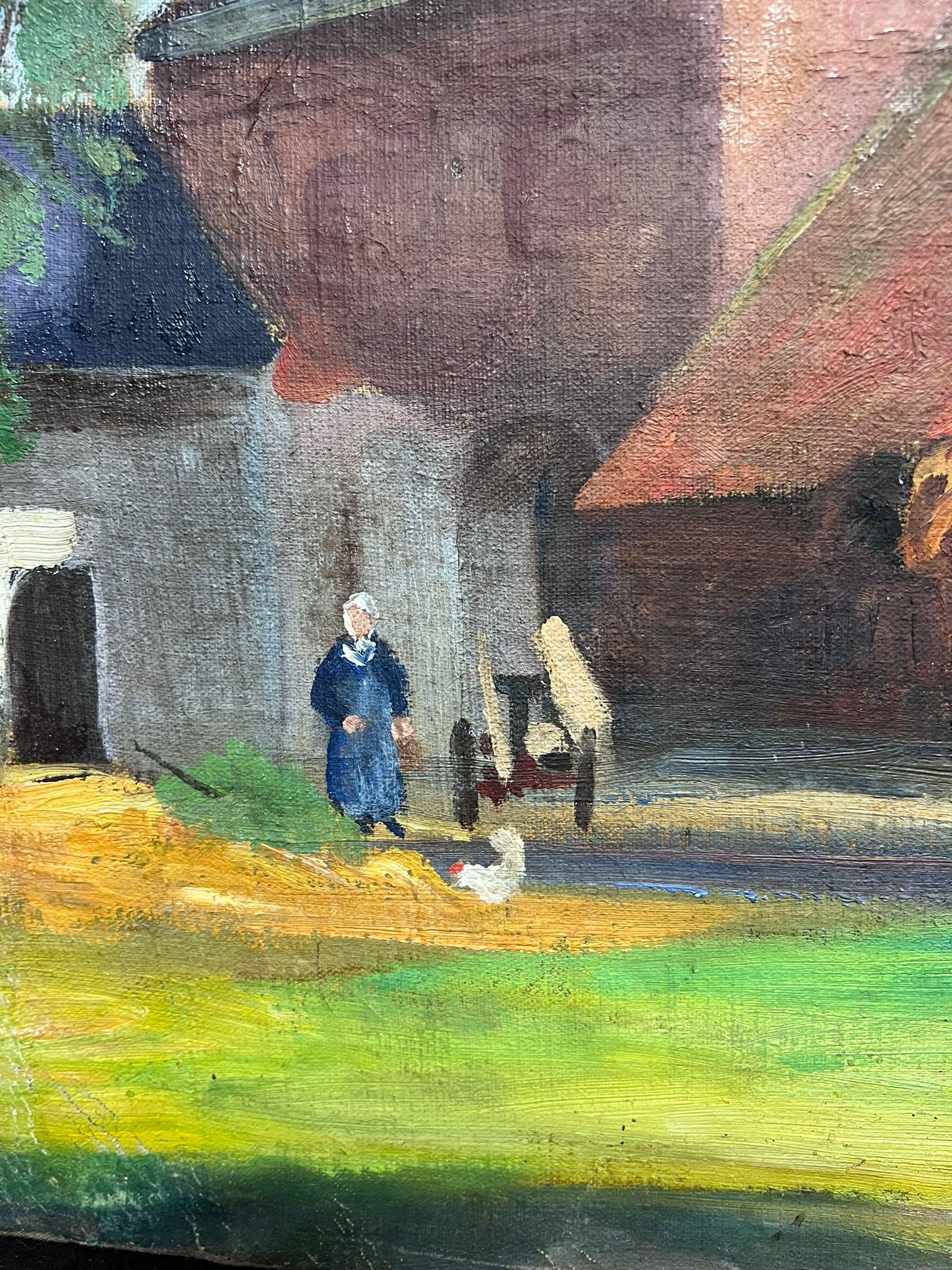 Grande olio del primo Novecento francese post-impressionista con scene di cortile e figure - Painting Impressionismo di French School