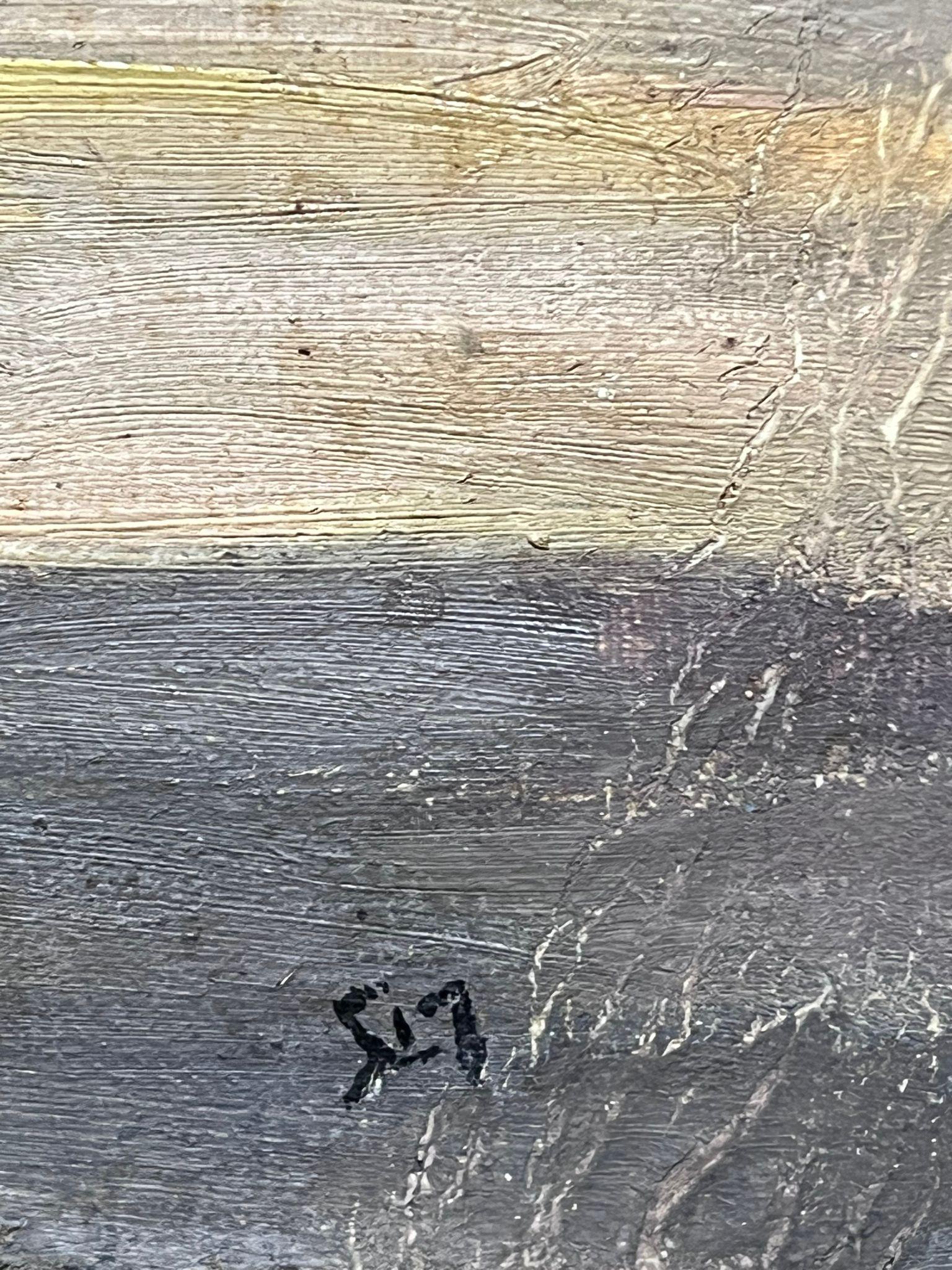 Grande olio del primo Novecento francese post-impressionista con scene di cortile e figure - Landscape Painting Marrone di French School