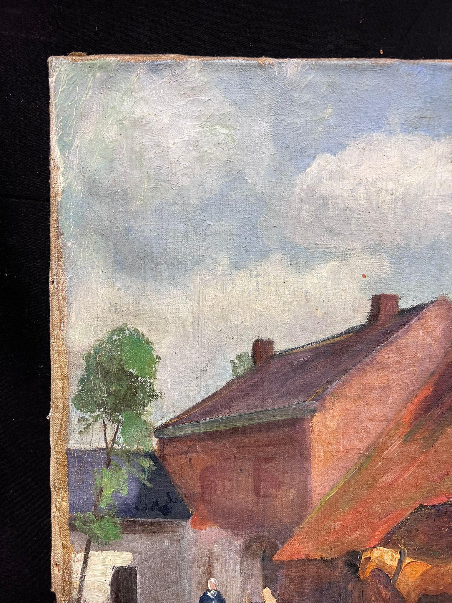 Grande olio del primo Novecento francese post-impressionista con scene di cortile e figure in vendita 1