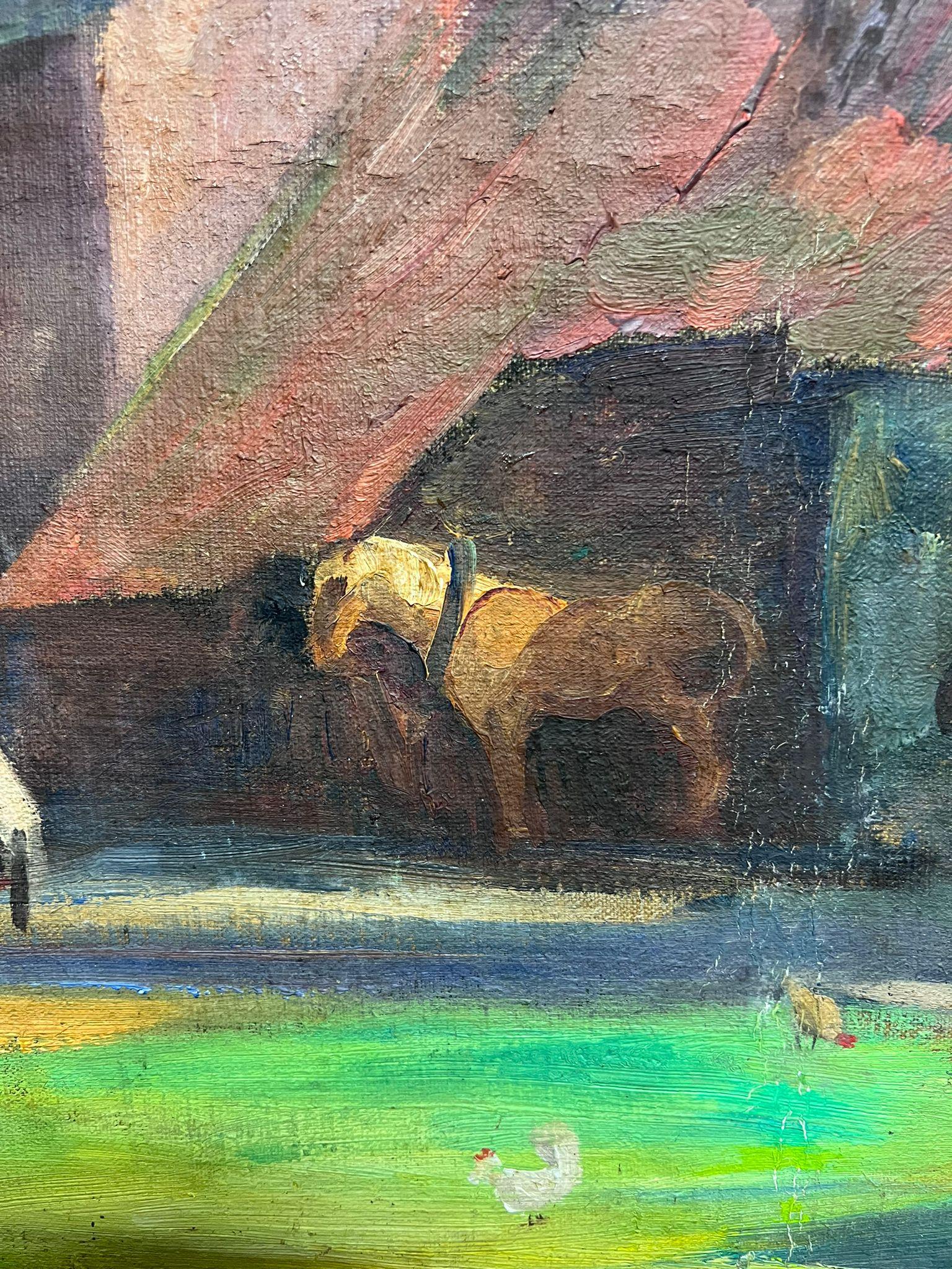 Grande olio del primo Novecento francese post-impressionista con scene di cortile e figure in vendita 2