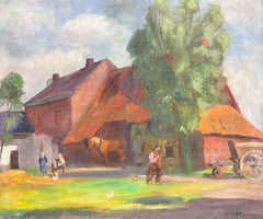 Grande olio del primo Novecento francese post-impressionista con scene di cortile e figure