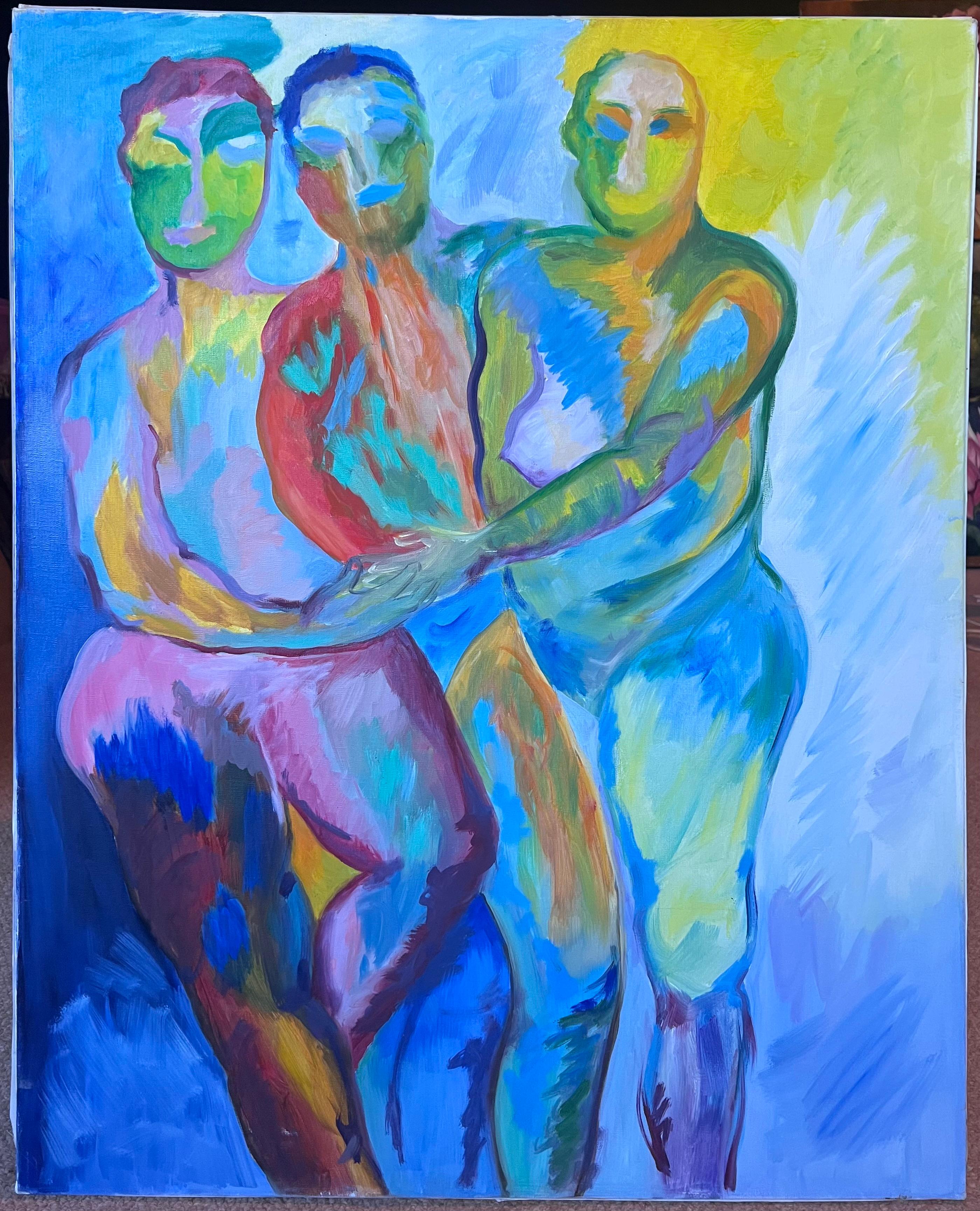 Large French Contemporary Modernist Oil Painting Three Nude Abstract Figures - Blue Nude Painting by French School