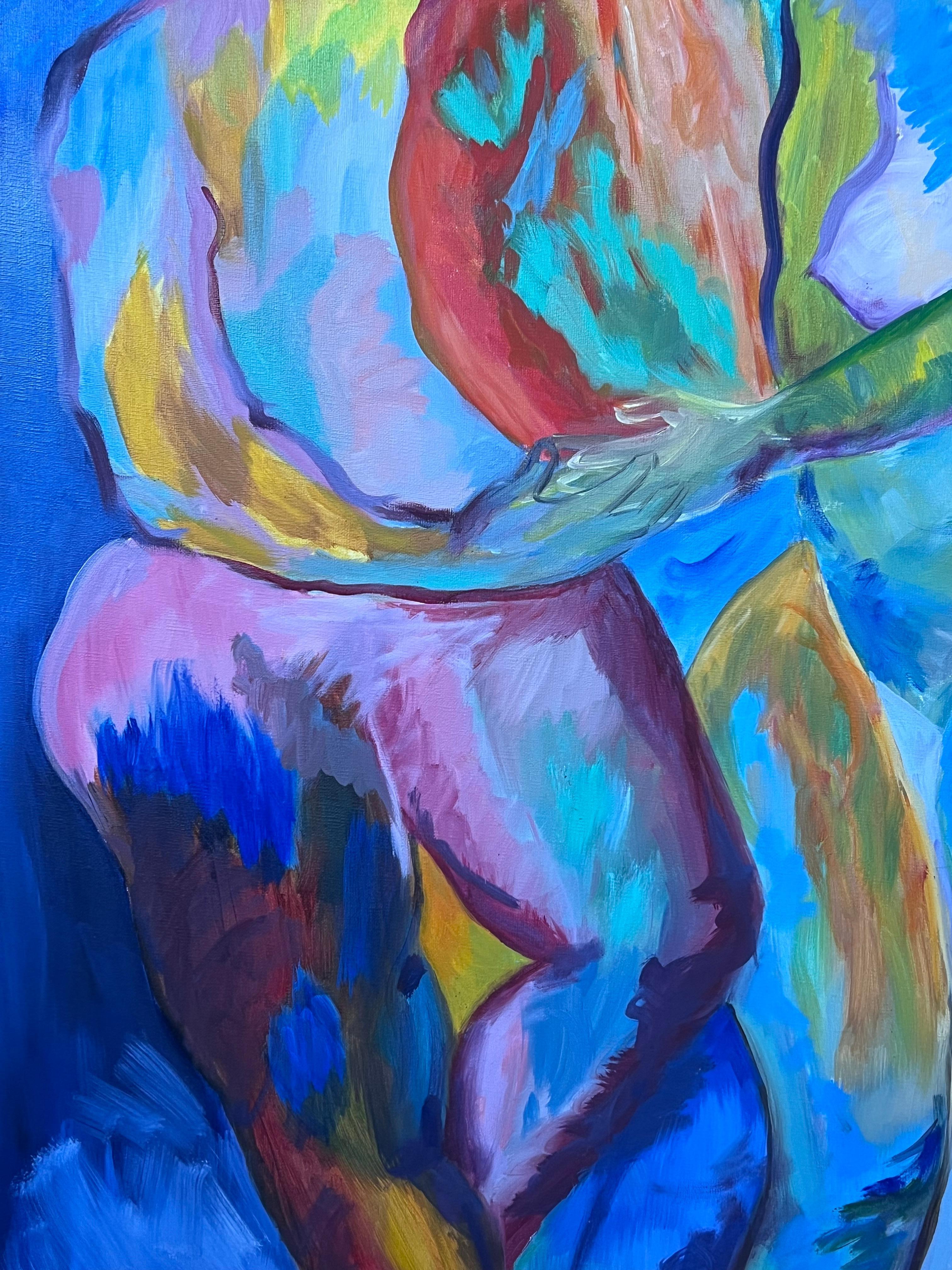 Large French Contemporary Modernist Oil Painting Three Nude Abstract Figures For Sale 3