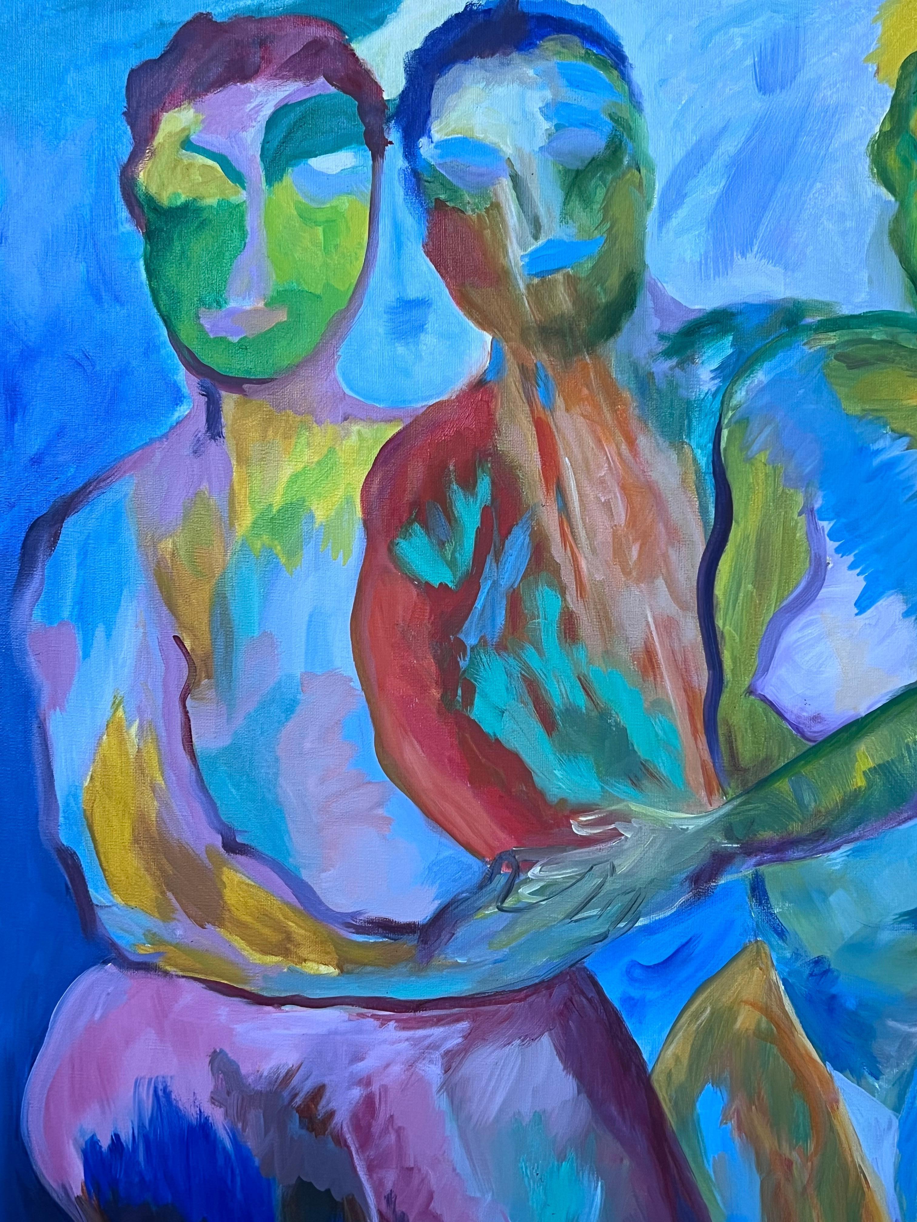 Large French Contemporary Modernist Oil Painting Three Nude Abstract Figures For Sale 4