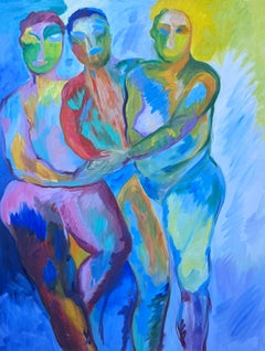 Large French Contemporary Modernist Oil Painting Three Nude Abstract Figures
