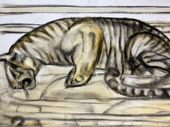 Large French Modernist Signed Oil Painting Leopard / Large Cat Drinking Water