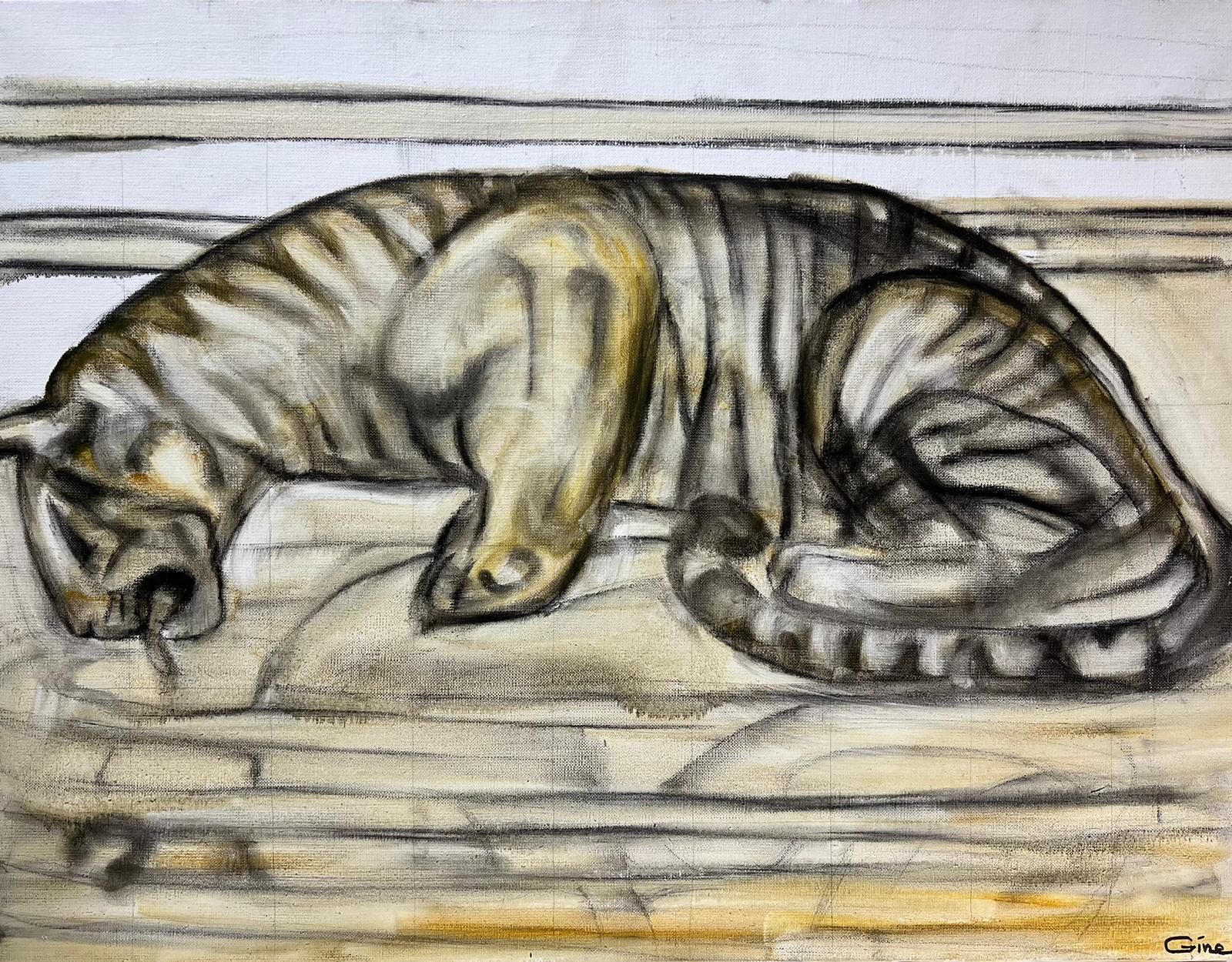 French School Animal Painting – Großes signiertes Ölgemälde der französischen Moderne, Leoparden-/große Katze, Wasser trinken