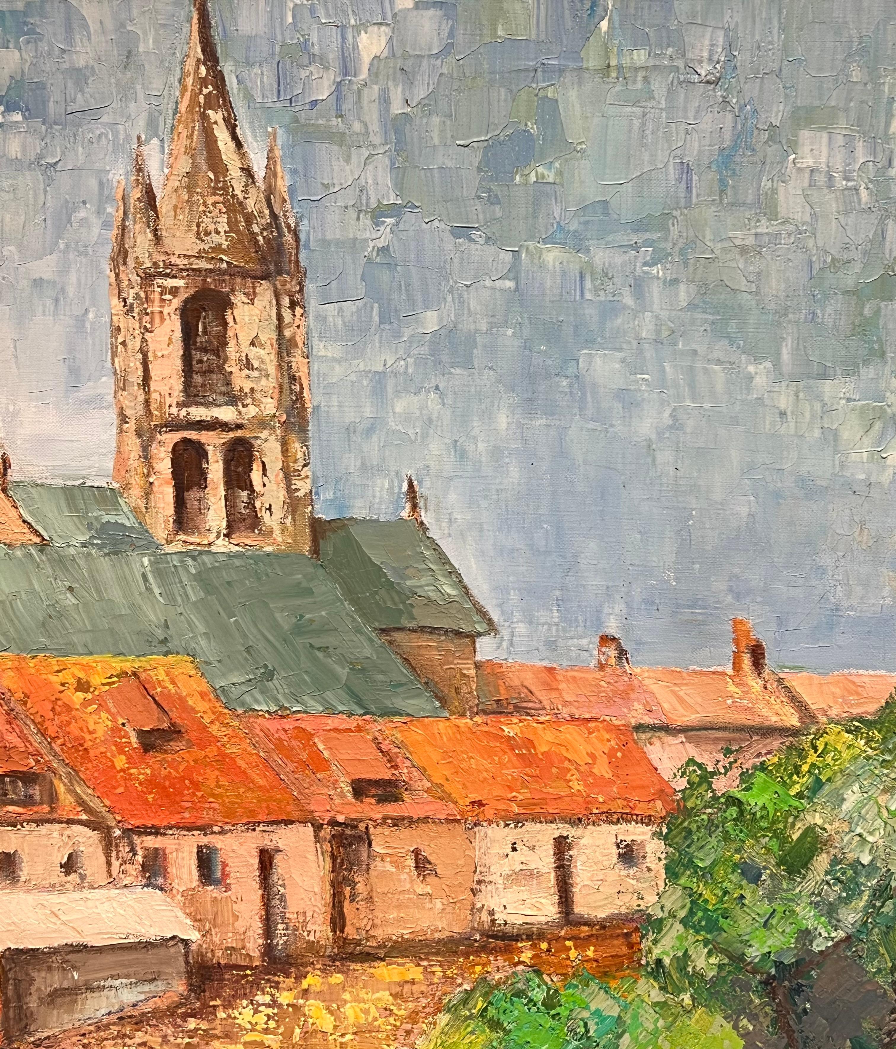Large French Post-Impressionist Oil Painting Town & Church Landscape, 1970's For Sale 7