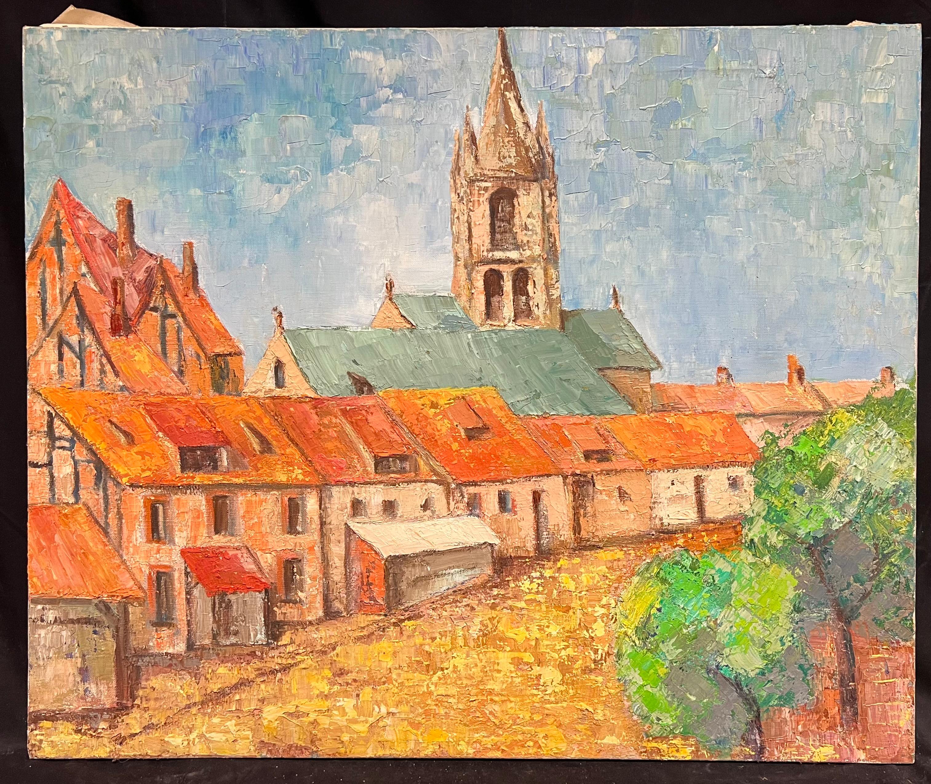 Large French Post-Impressionist Oil Painting Town & Church Landscape, 1970's - Beige Landscape Painting by French School