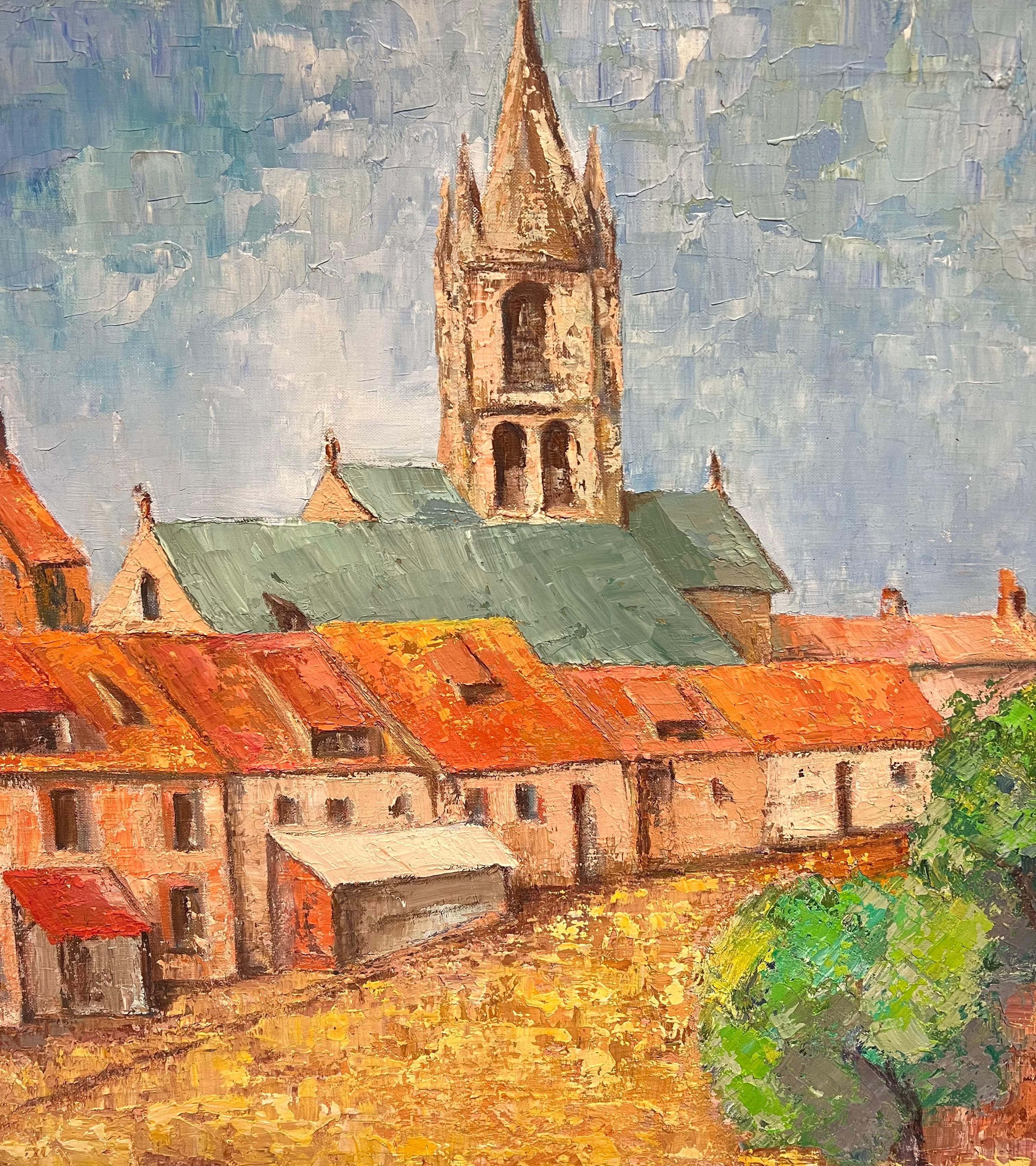Large French Post-Impressionist Oil Painting Town & Church Landscape, 1970's For Sale 1