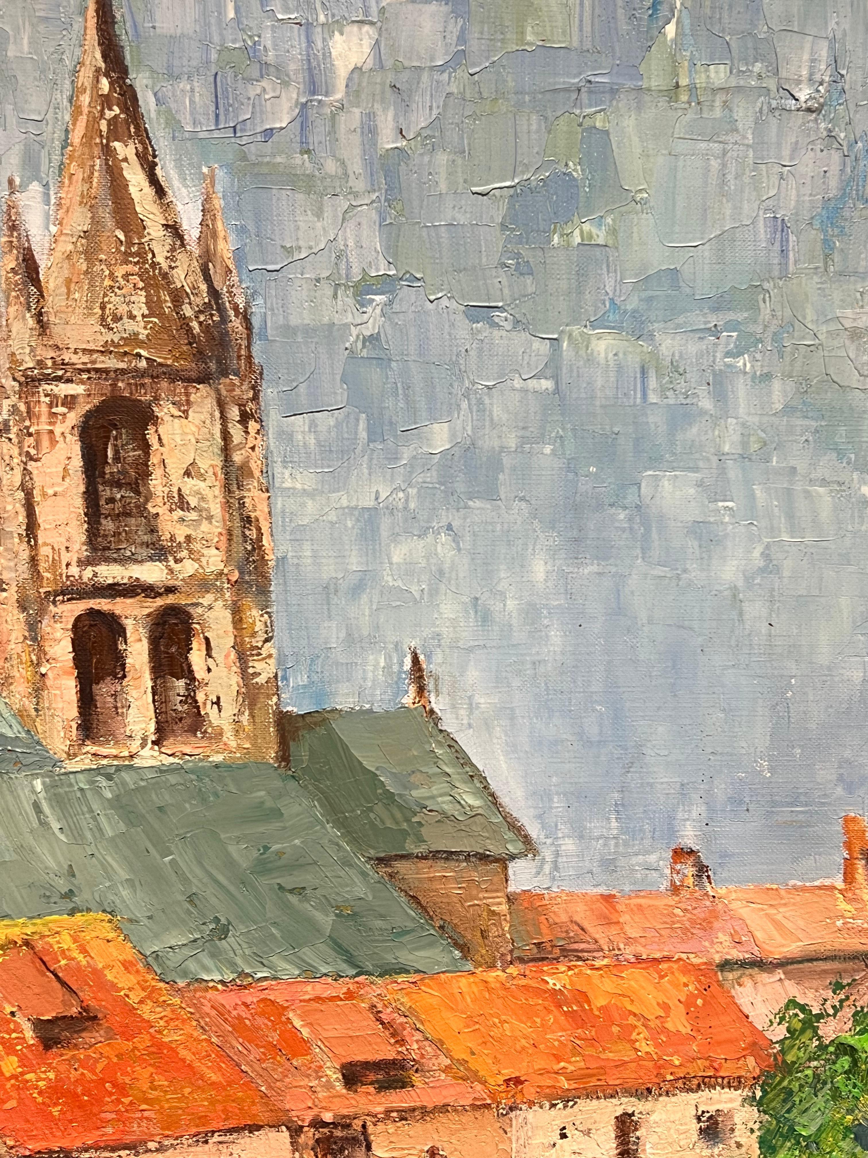 Large French Post-Impressionist Oil Painting Town & Church Landscape, 1970's For Sale 2