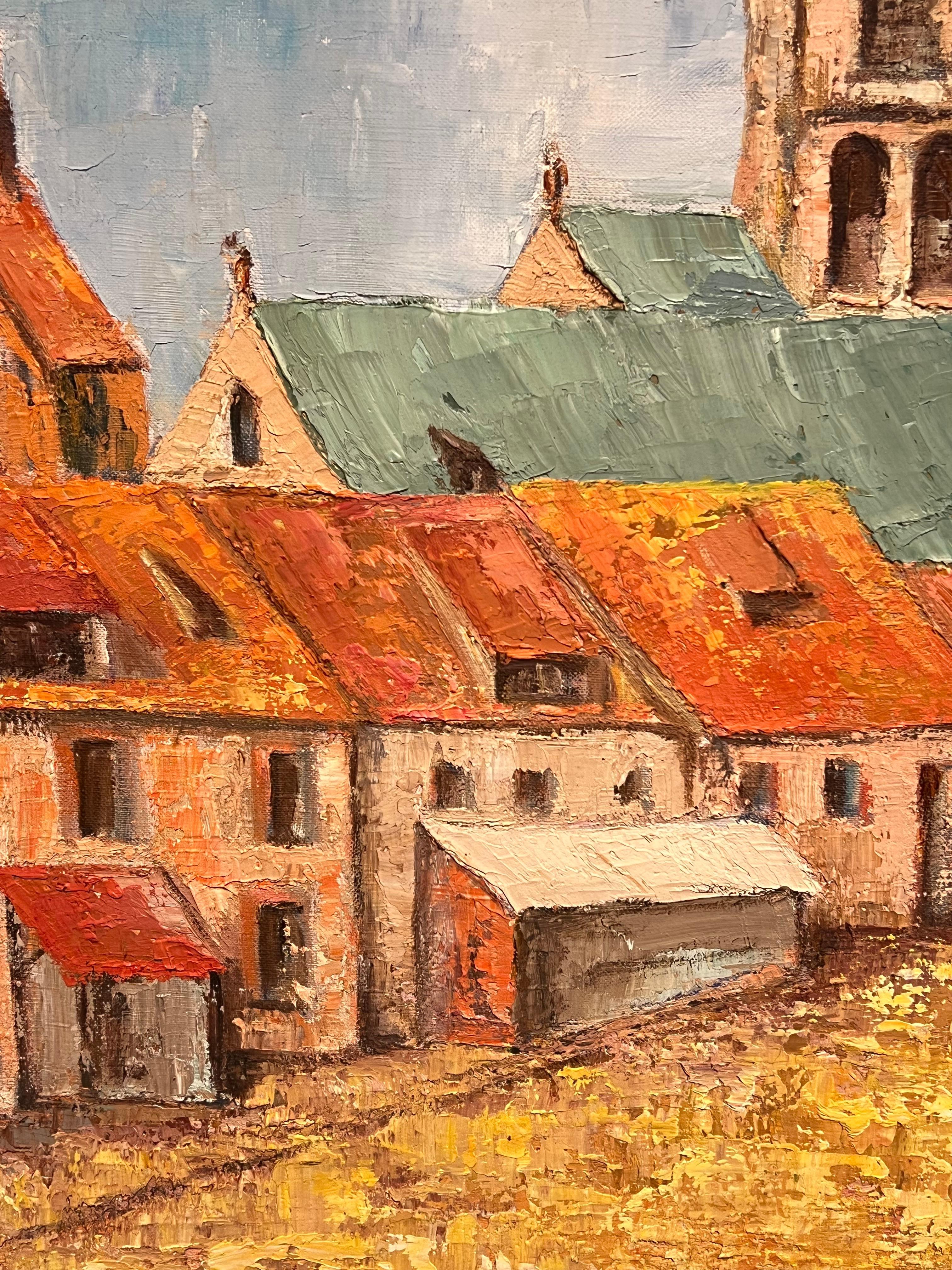 Large French Post-Impressionist Oil Painting Town & Church Landscape, 1970's For Sale 3