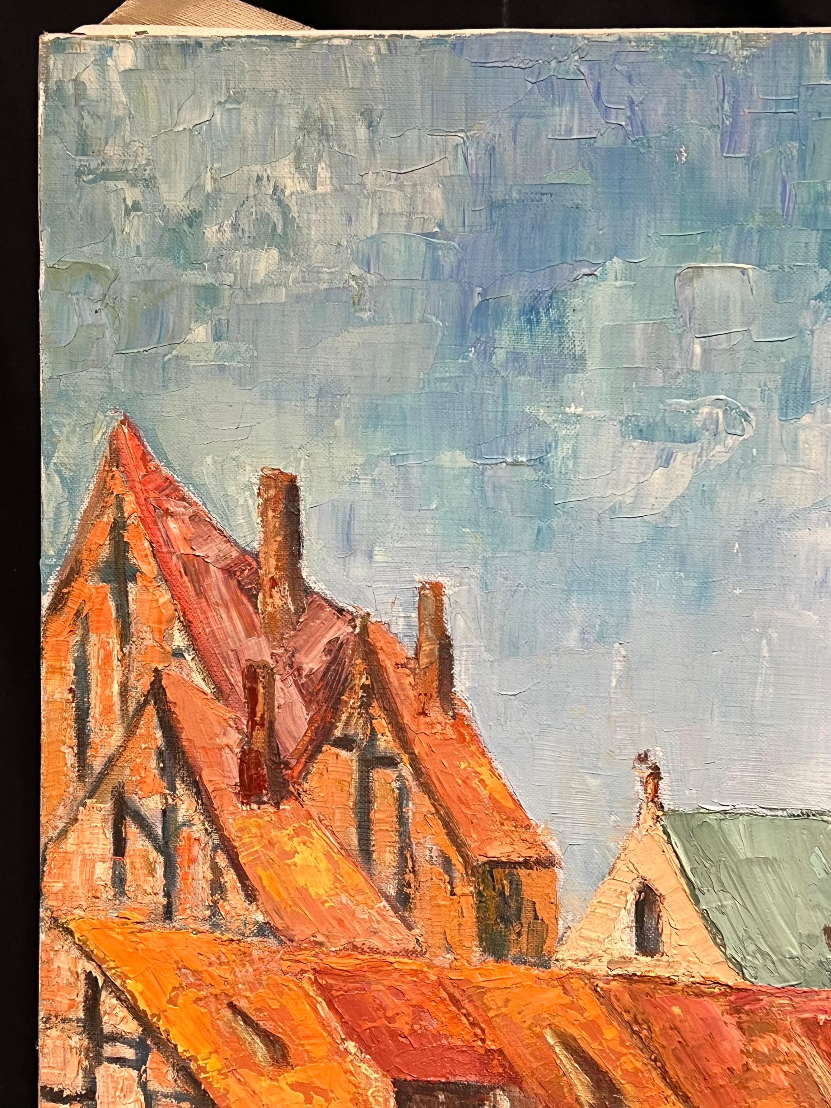 Large French Post-Impressionist Oil Painting Town & Church Landscape, 1970's For Sale 4