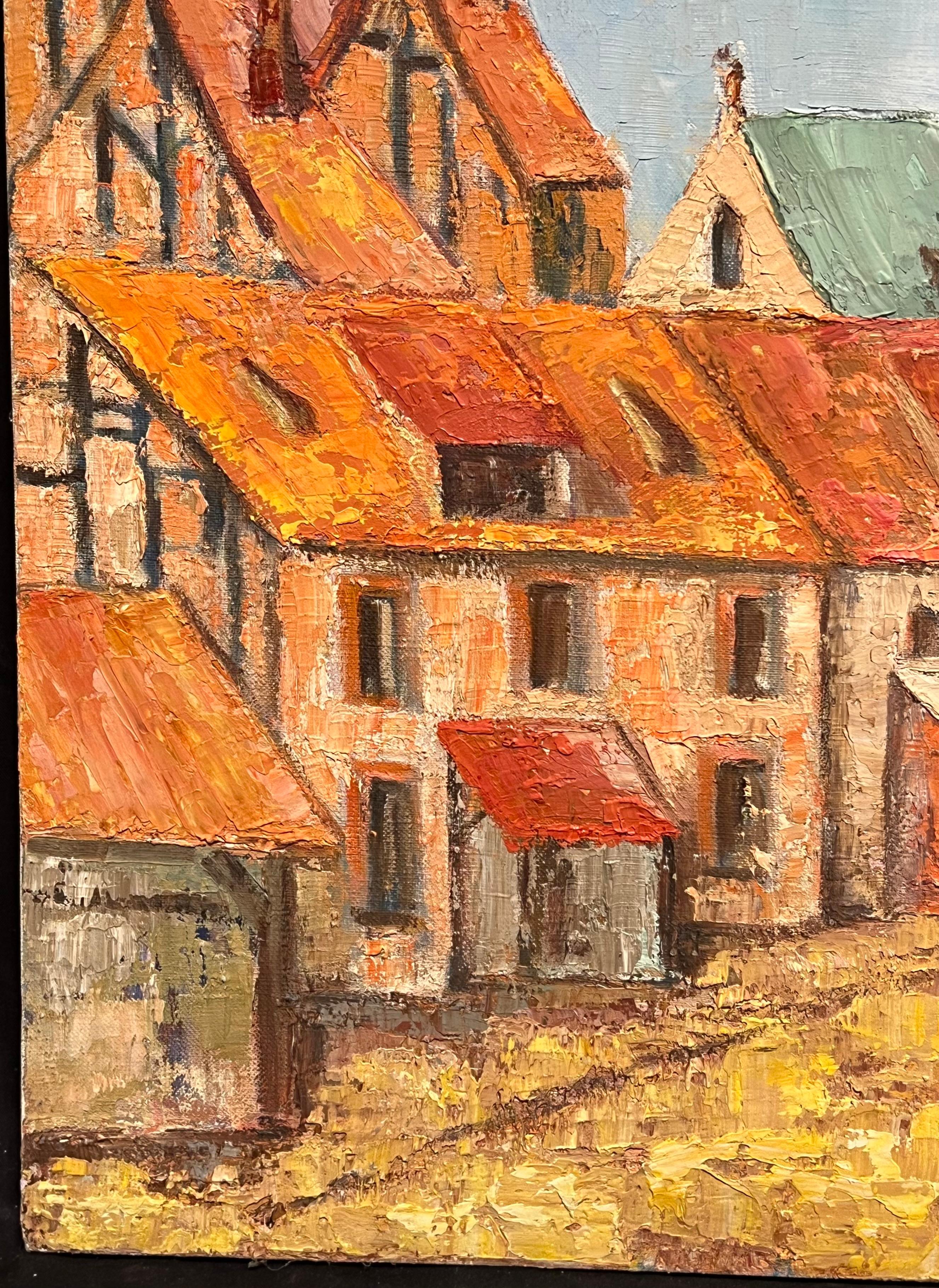 Large French Post-Impressionist Oil Painting Town & Church Landscape, 1970's For Sale 5