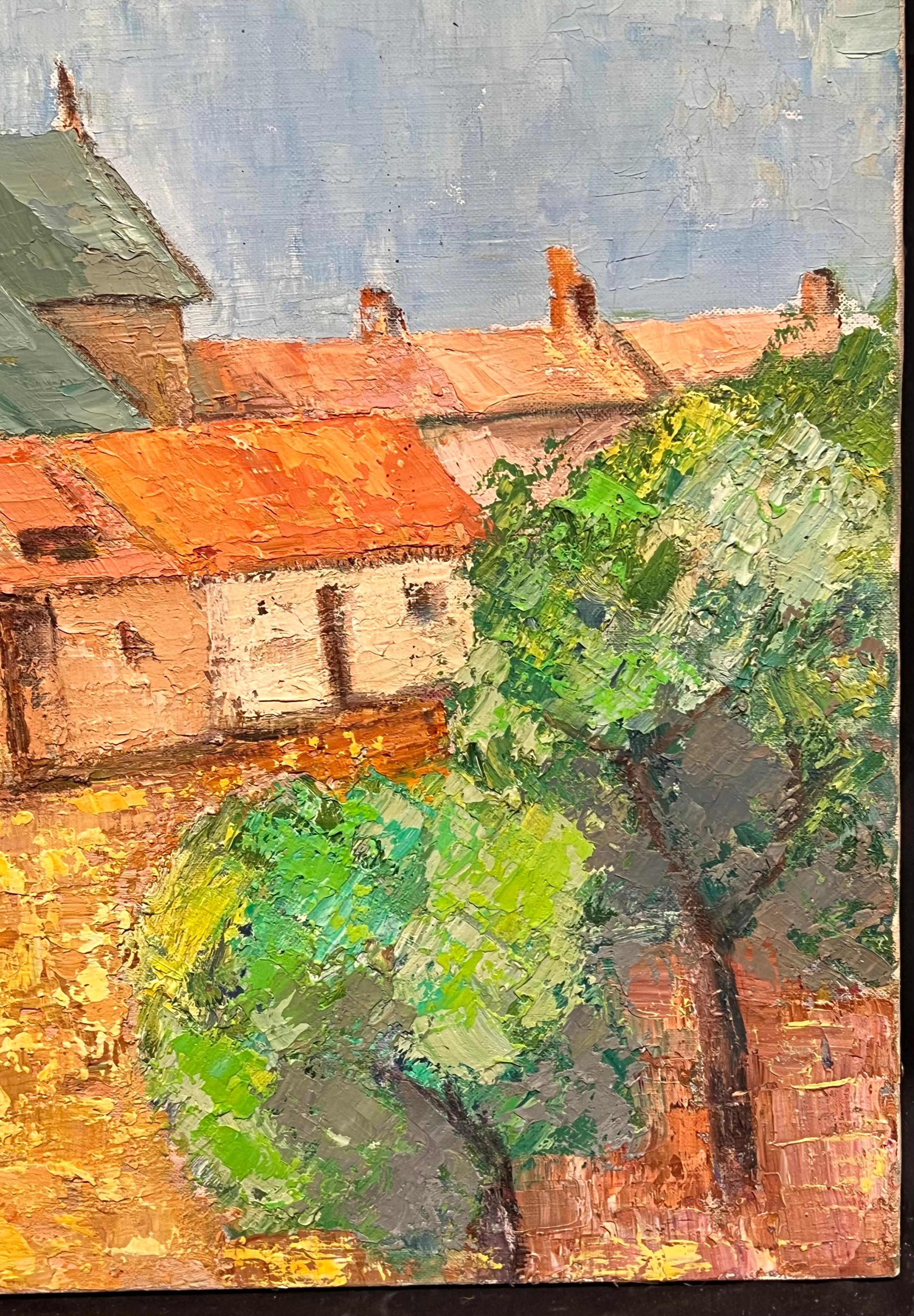 Large French Post-Impressionist Oil Painting Town & Church Landscape, 1970's For Sale 6