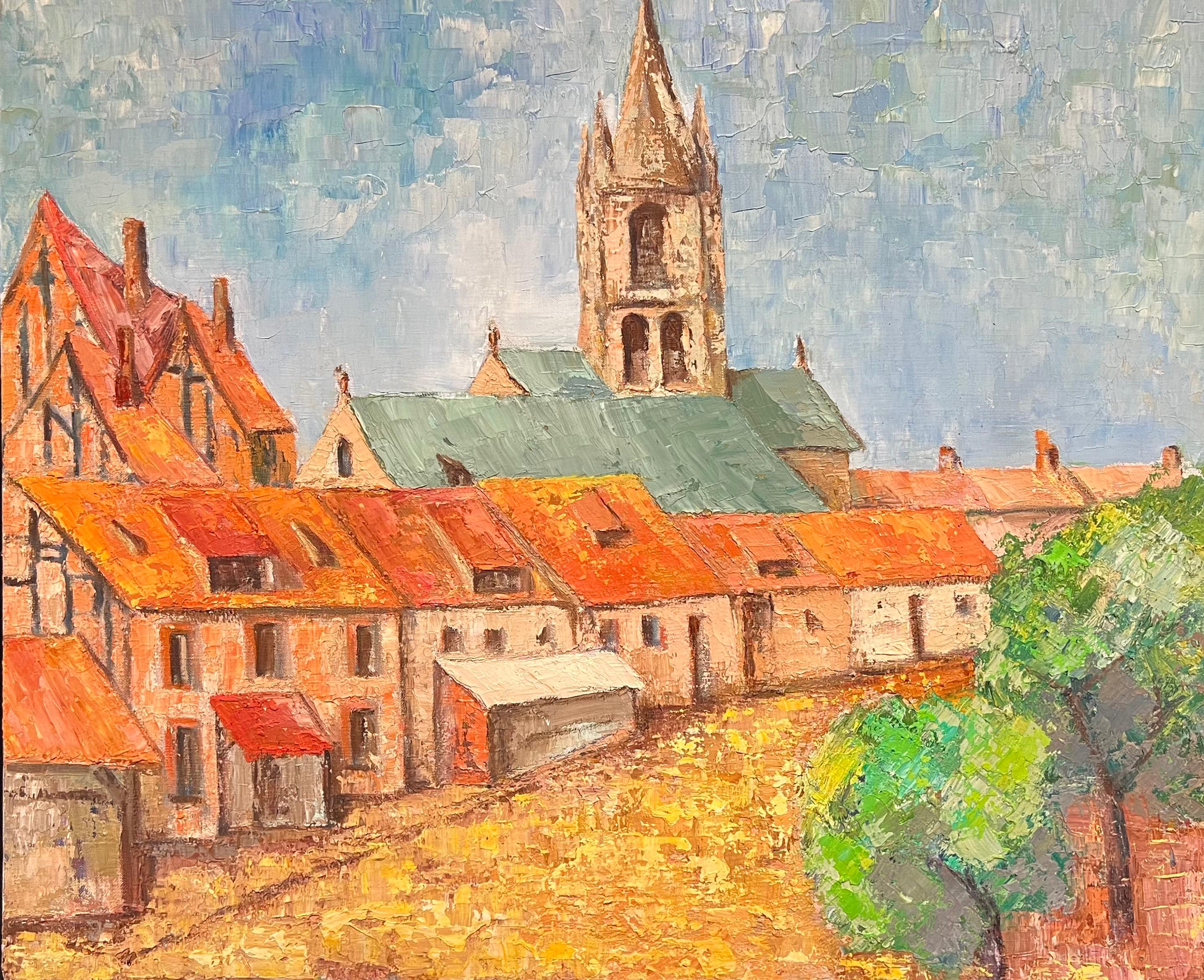 French School Landscape Painting - Large French Post-Impressionist Oil Painting Town & Church Landscape, 1970's