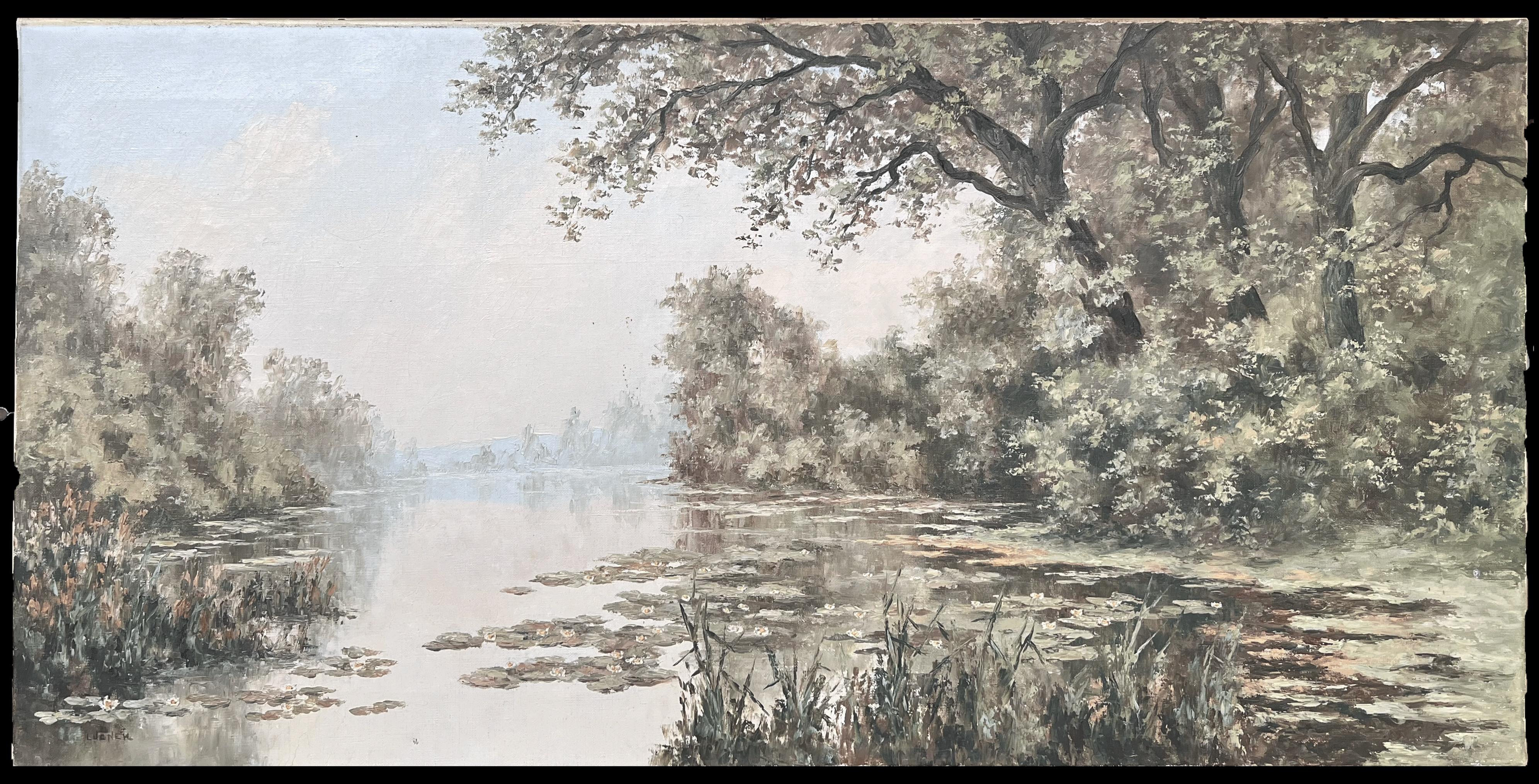 Large Mid 20th Century French Impressionist Signed Painting Calm Water Lily Lake - Gray Landscape Painting by French School