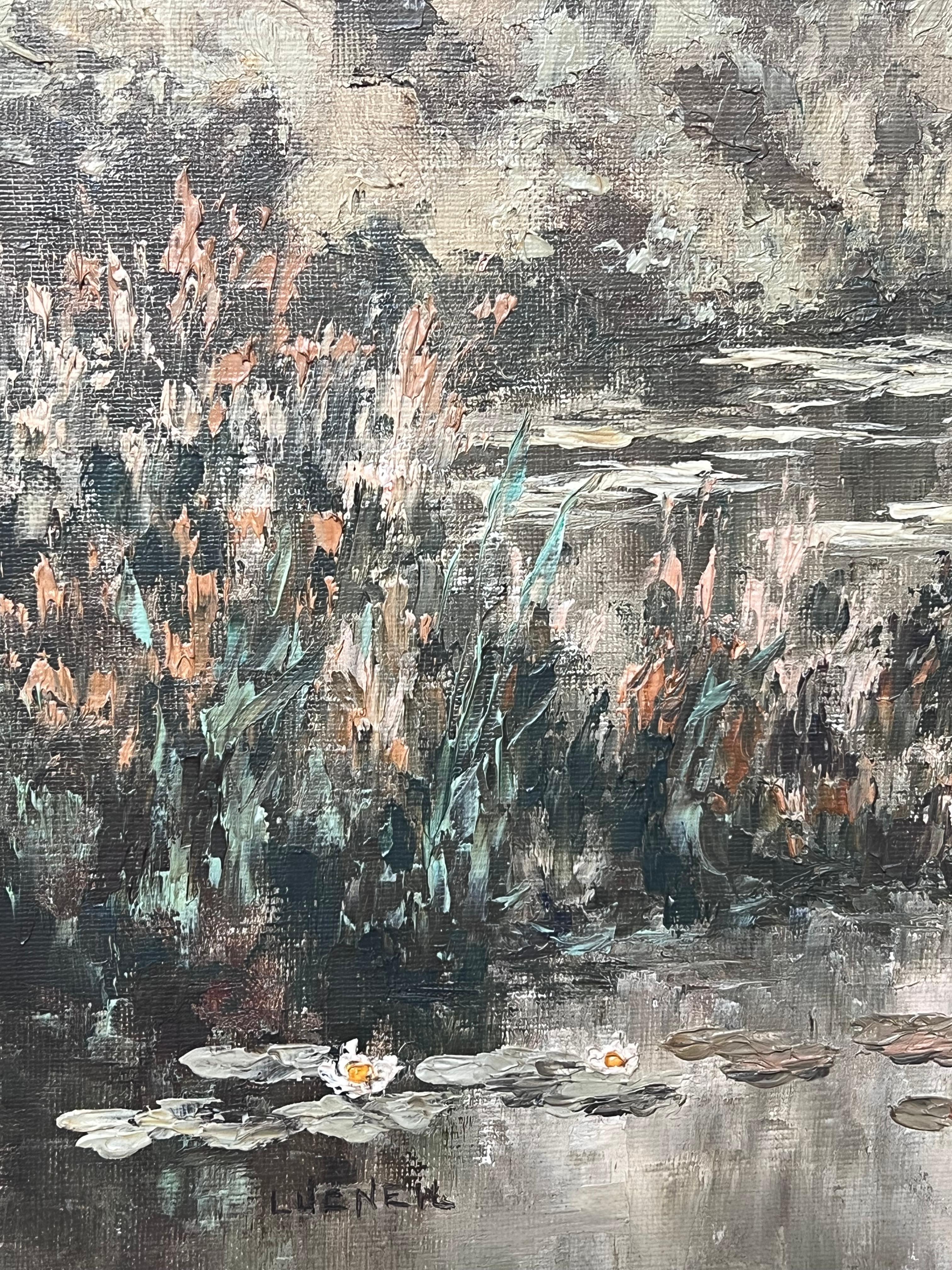 The Water Lily Lake
French School, mid 20th century
Lucneil ( 20th century)
signed oil on canvas, unframed 
canvas: 20 x 39.5 inches
Provenance: private collection, France
Condition: very good condition

For more any more information please do