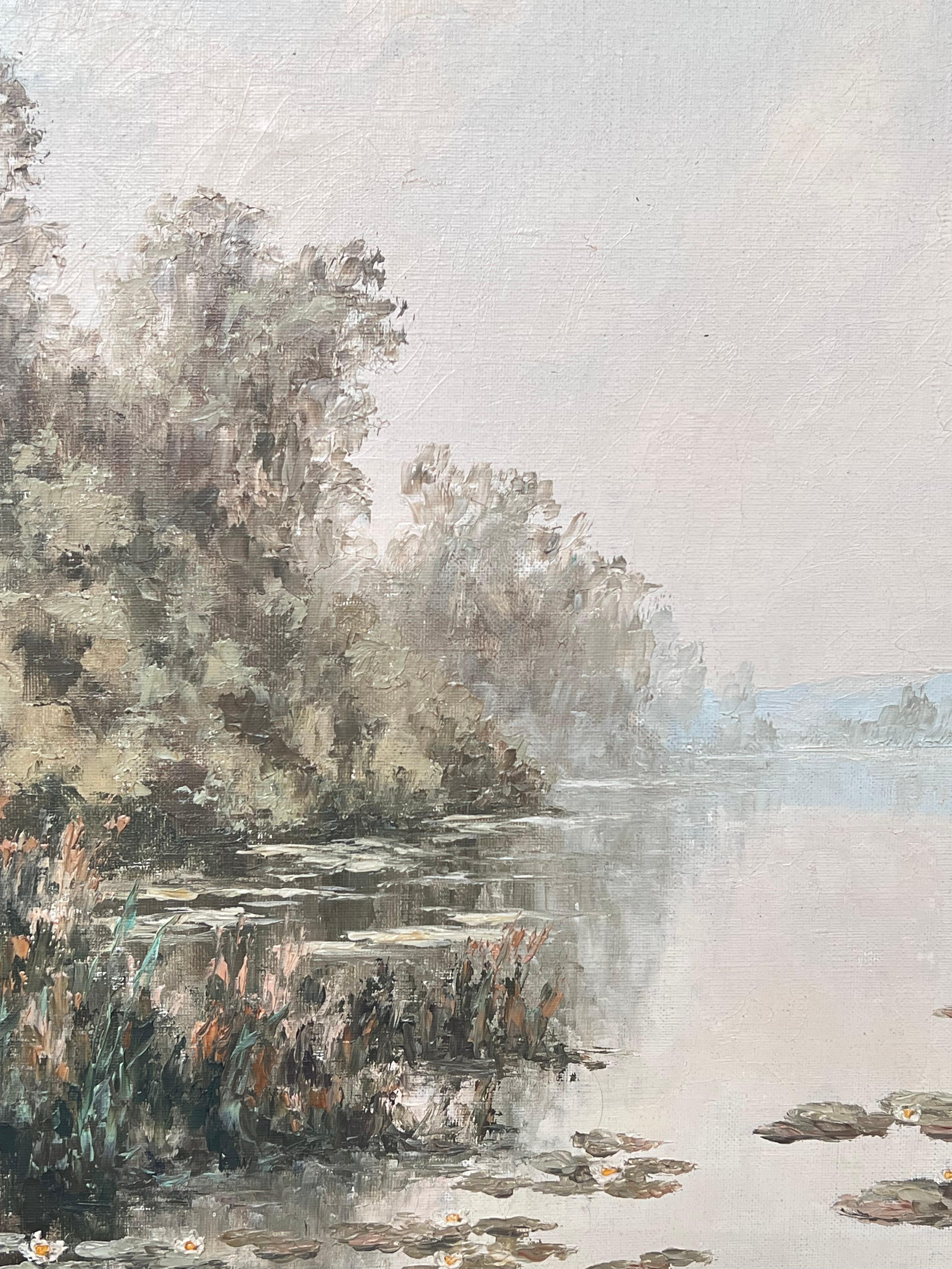 Large Mid 20th Century French Impressionist Signed Painting Calm Water Lily Lake For Sale 1