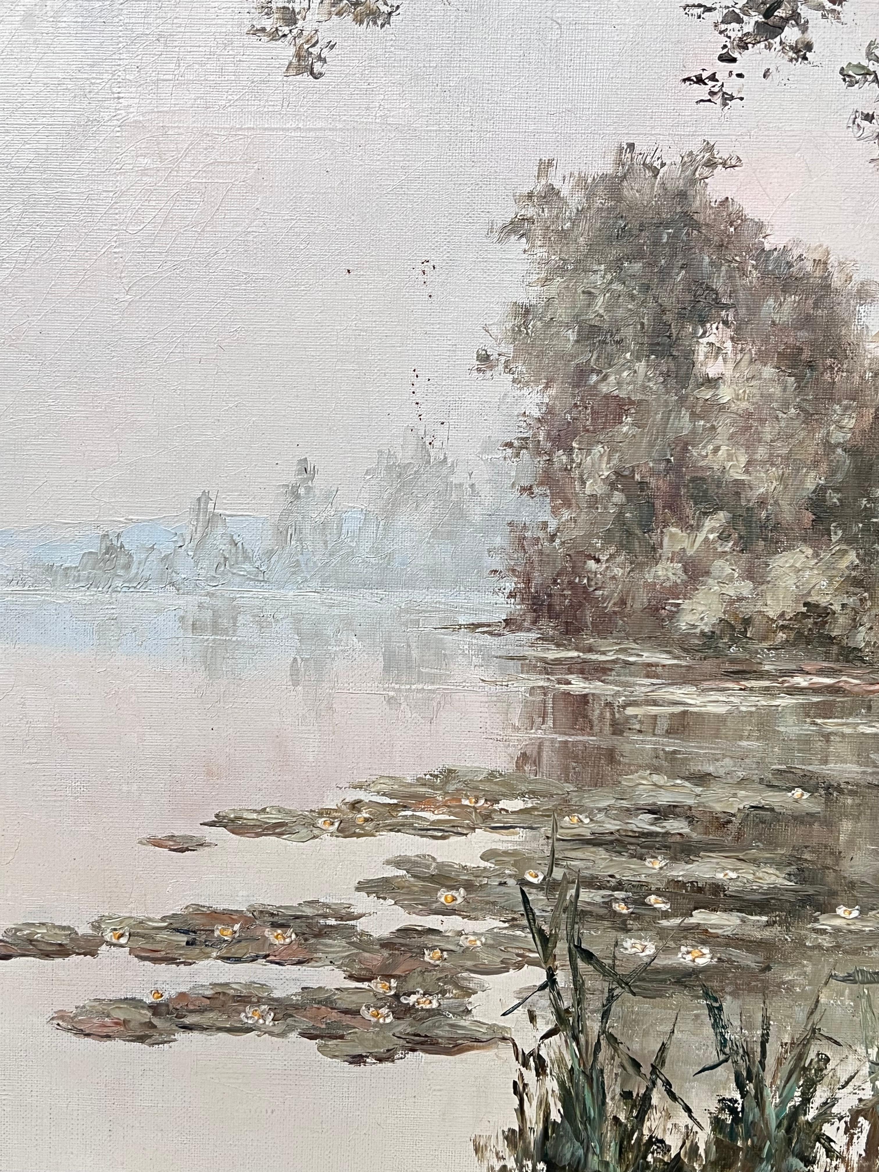 Large Mid 20th Century French Impressionist Signed Painting Calm Water Lily Lake For Sale 2