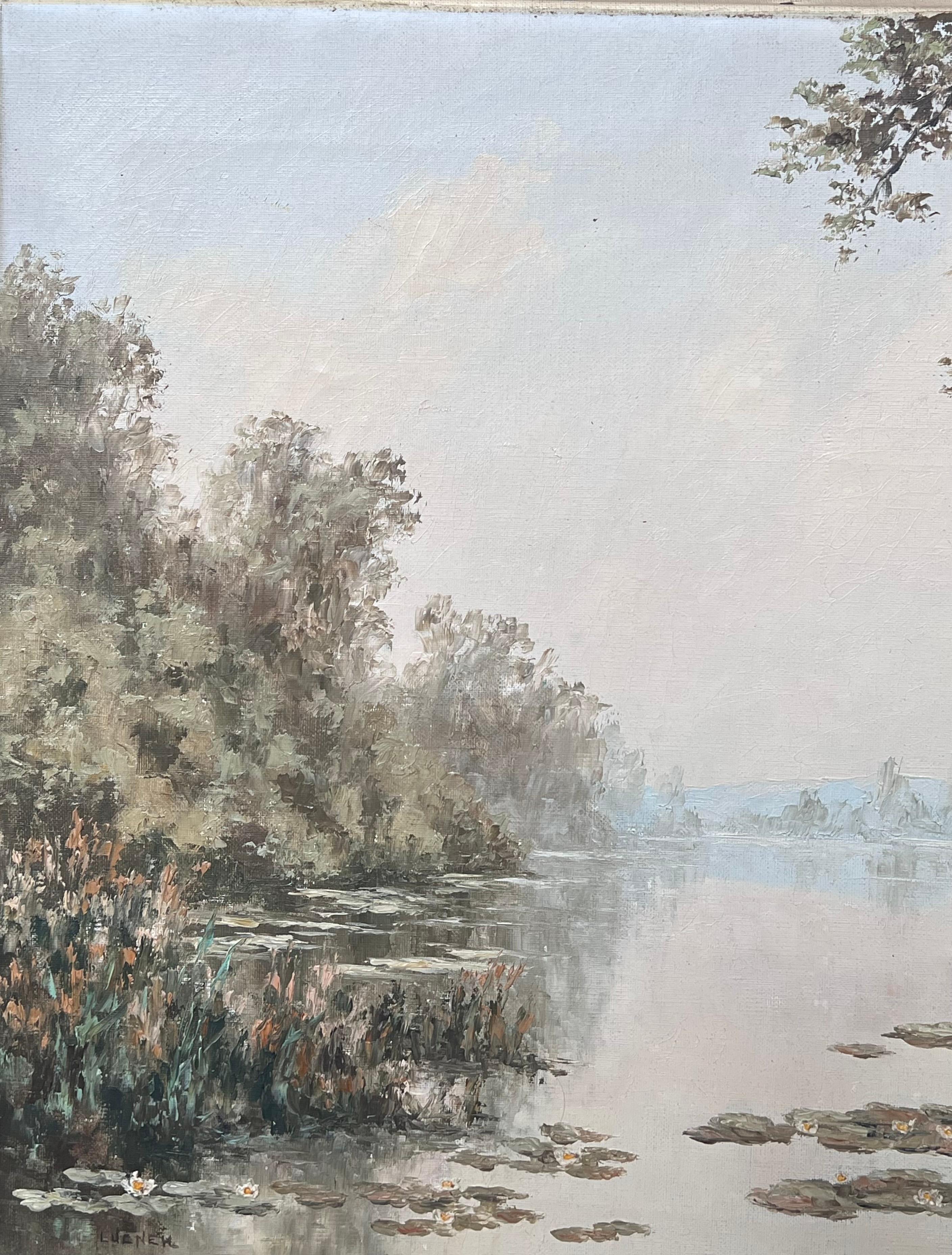 Large Mid 20th Century French Impressionist Signed Painting Calm Water Lily Lake For Sale 4