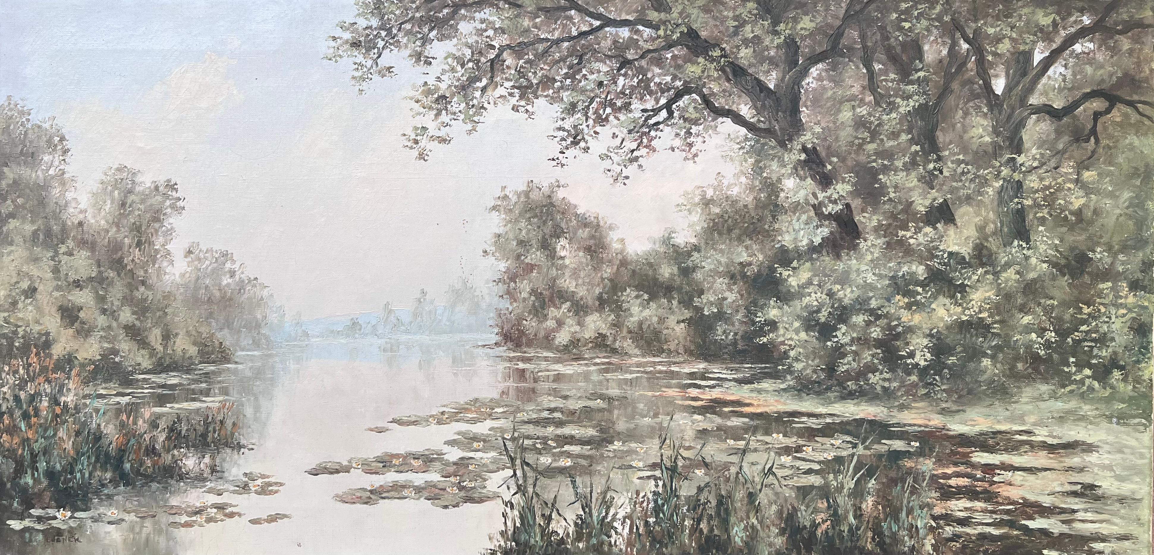 French School Landscape Painting - Large Mid 20th Century French Impressionist Signed Painting Calm Water Lily Lake