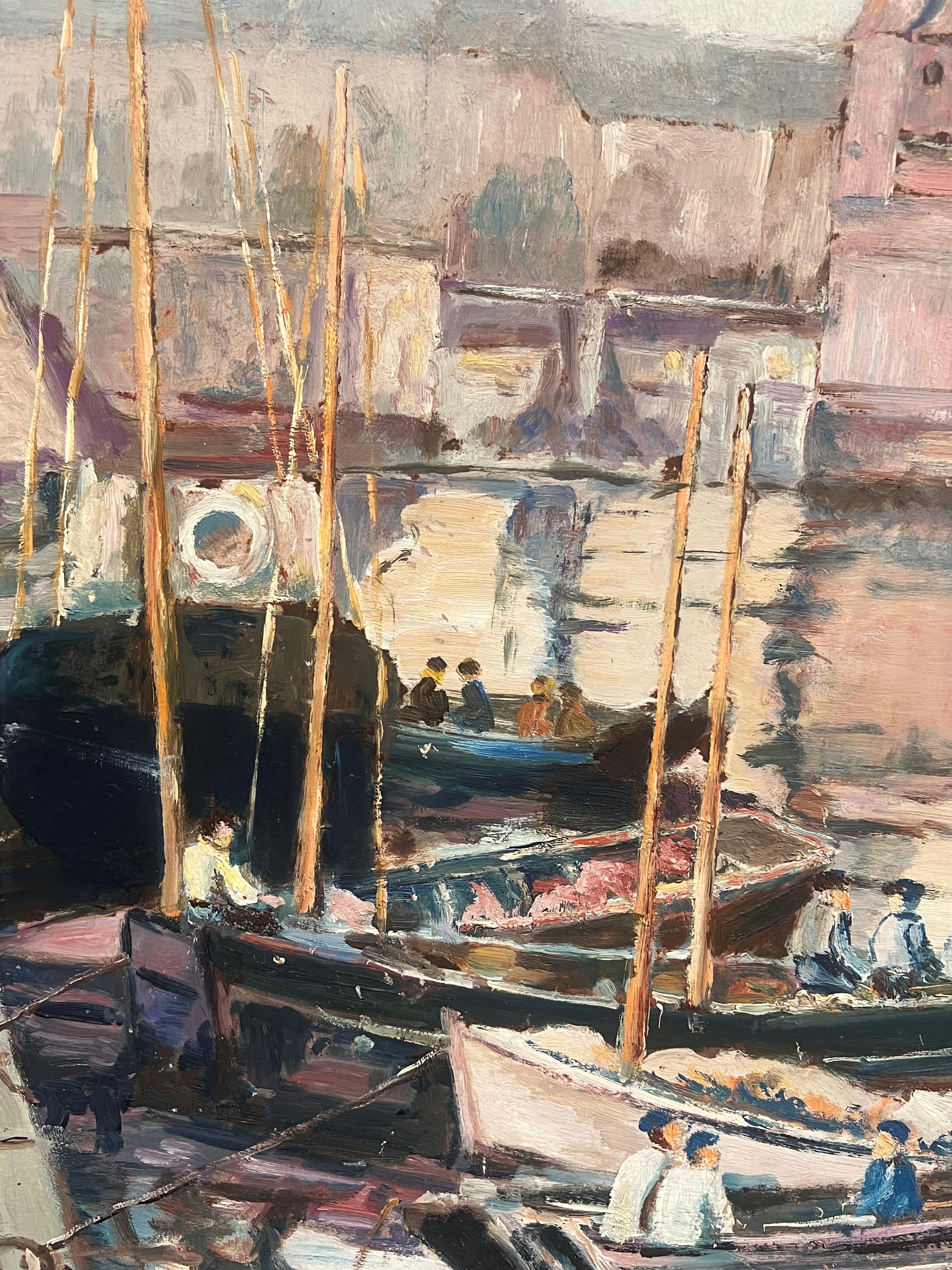 Large Mid Century French Impressionist Signed Oil Painting Busy Fishing Harbor For Sale 7