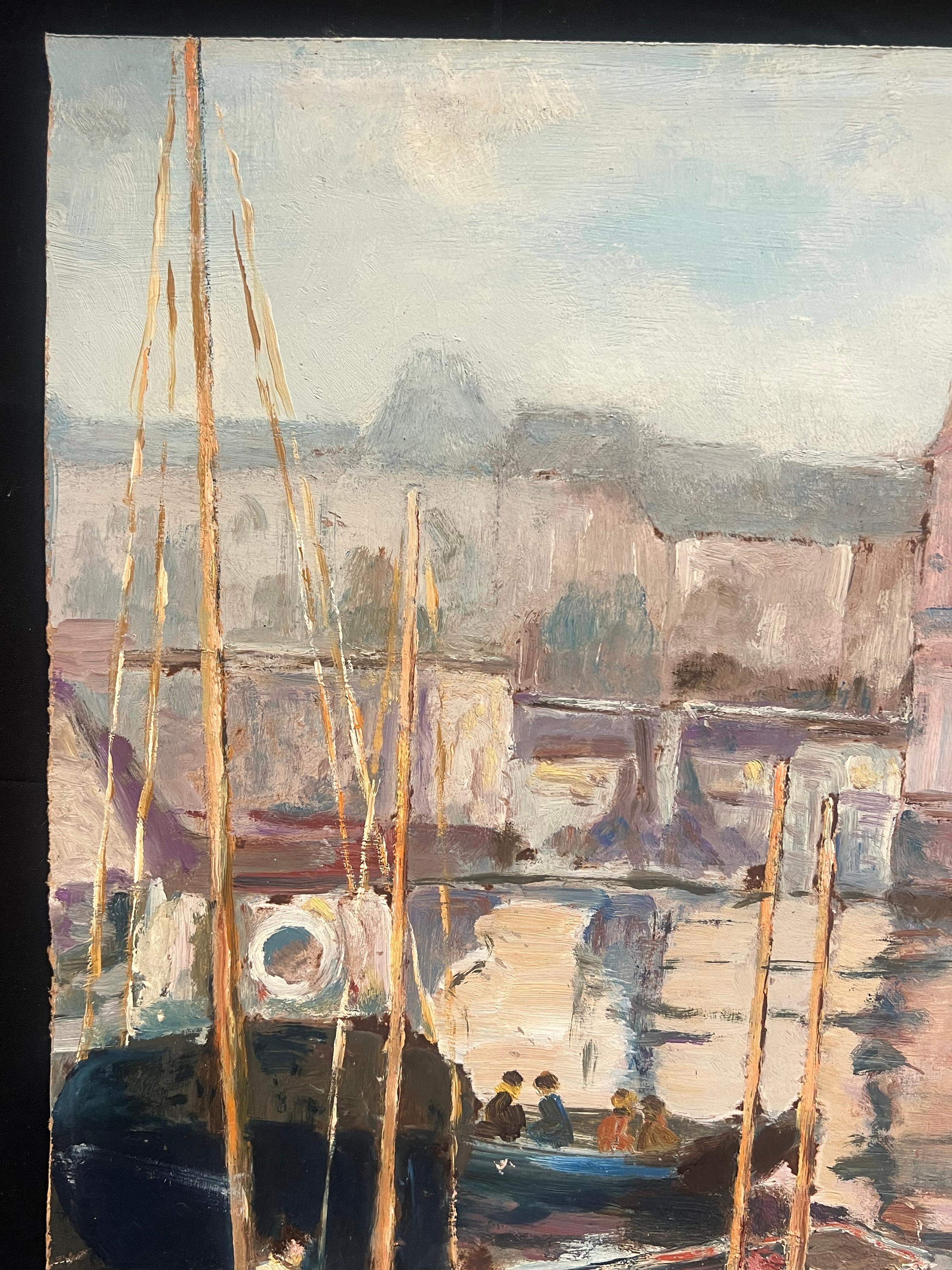 Large Mid Century French Impressionist Signed Oil Painting Busy Fishing Harbor For Sale 8