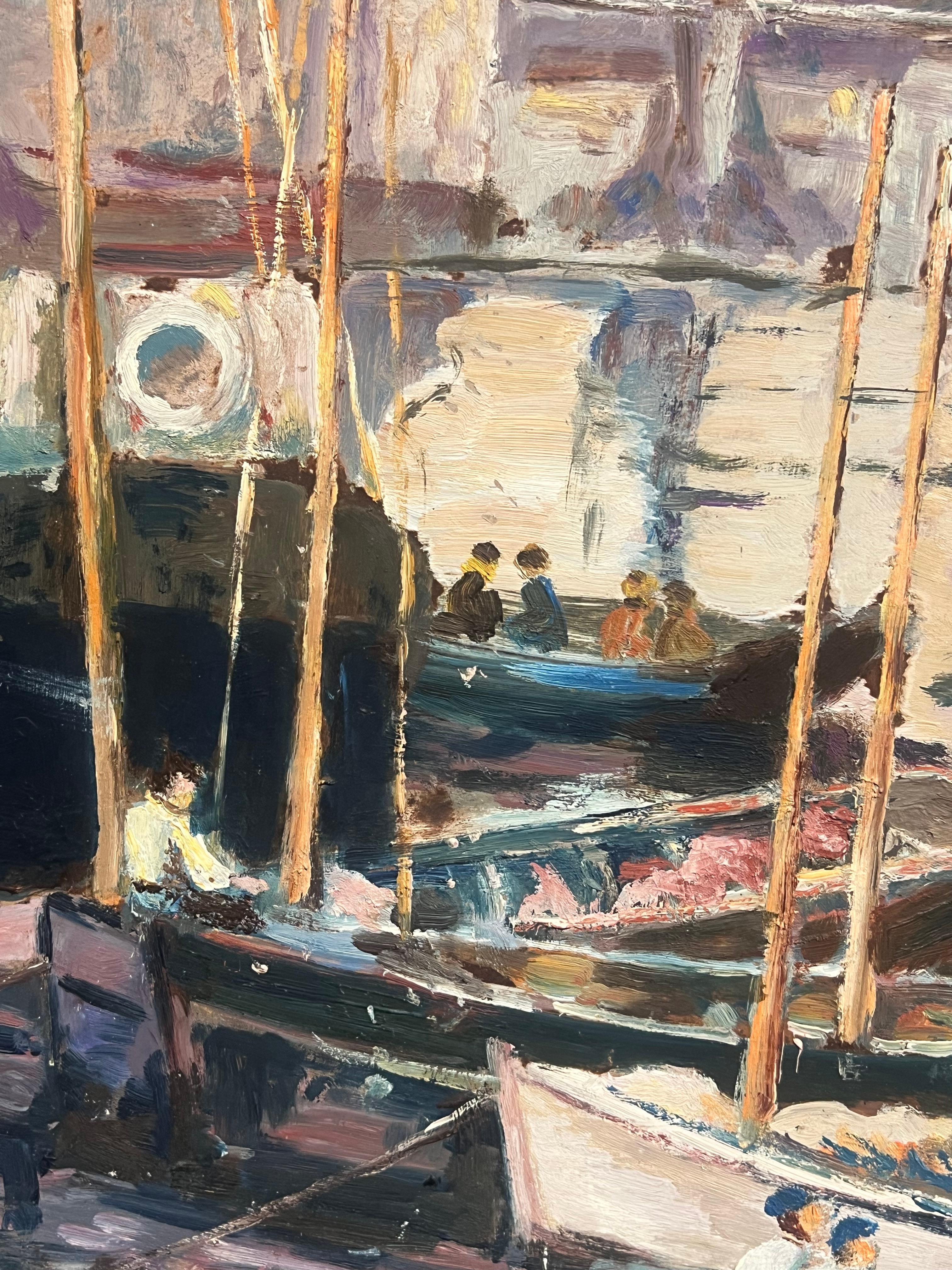 Large Mid Century French Impressionist Signed Oil Painting Busy Fishing Harbor For Sale 9