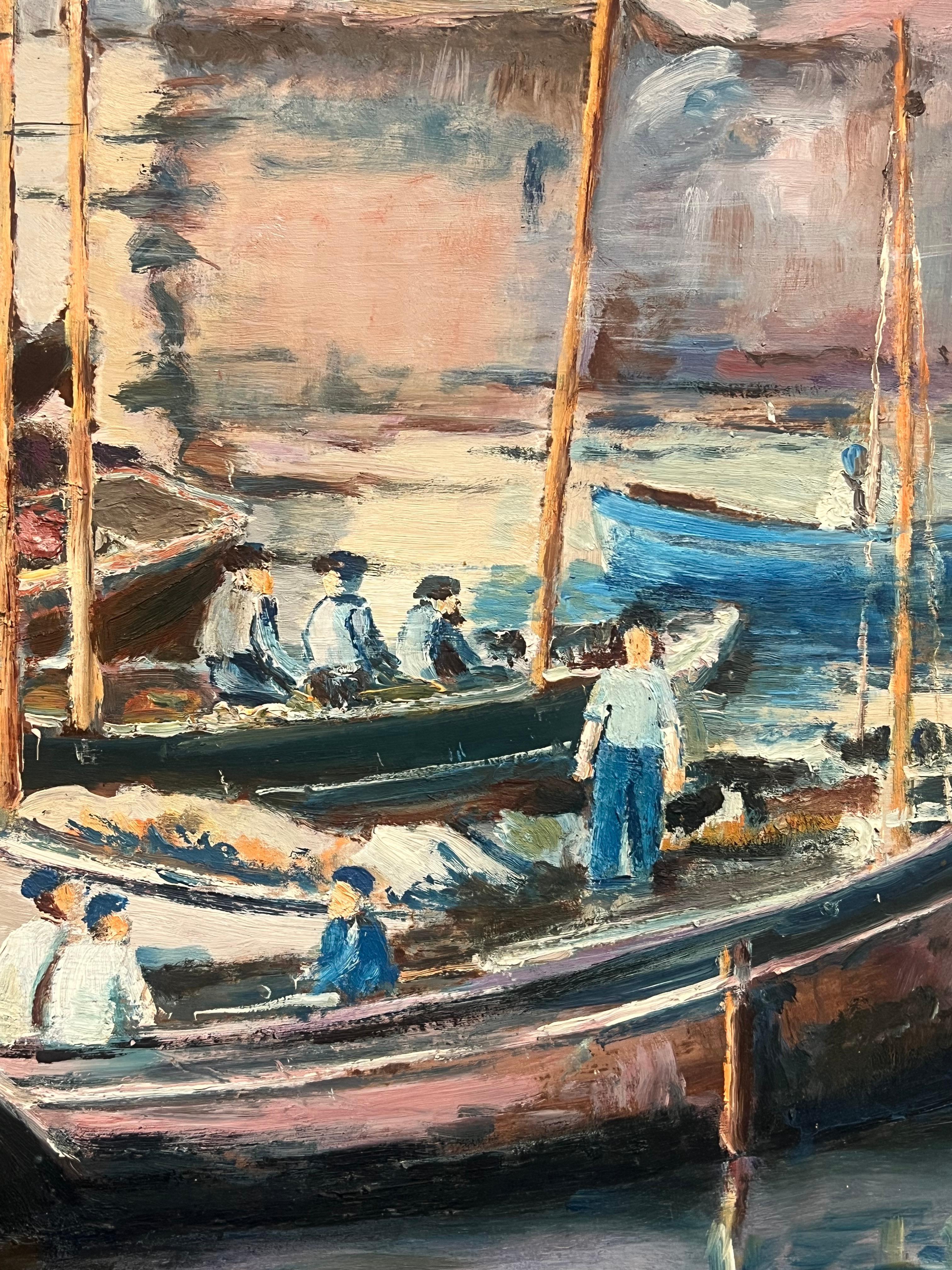 Large Mid Century French Impressionist Signed Oil Painting Busy Fishing Harbor For Sale 10
