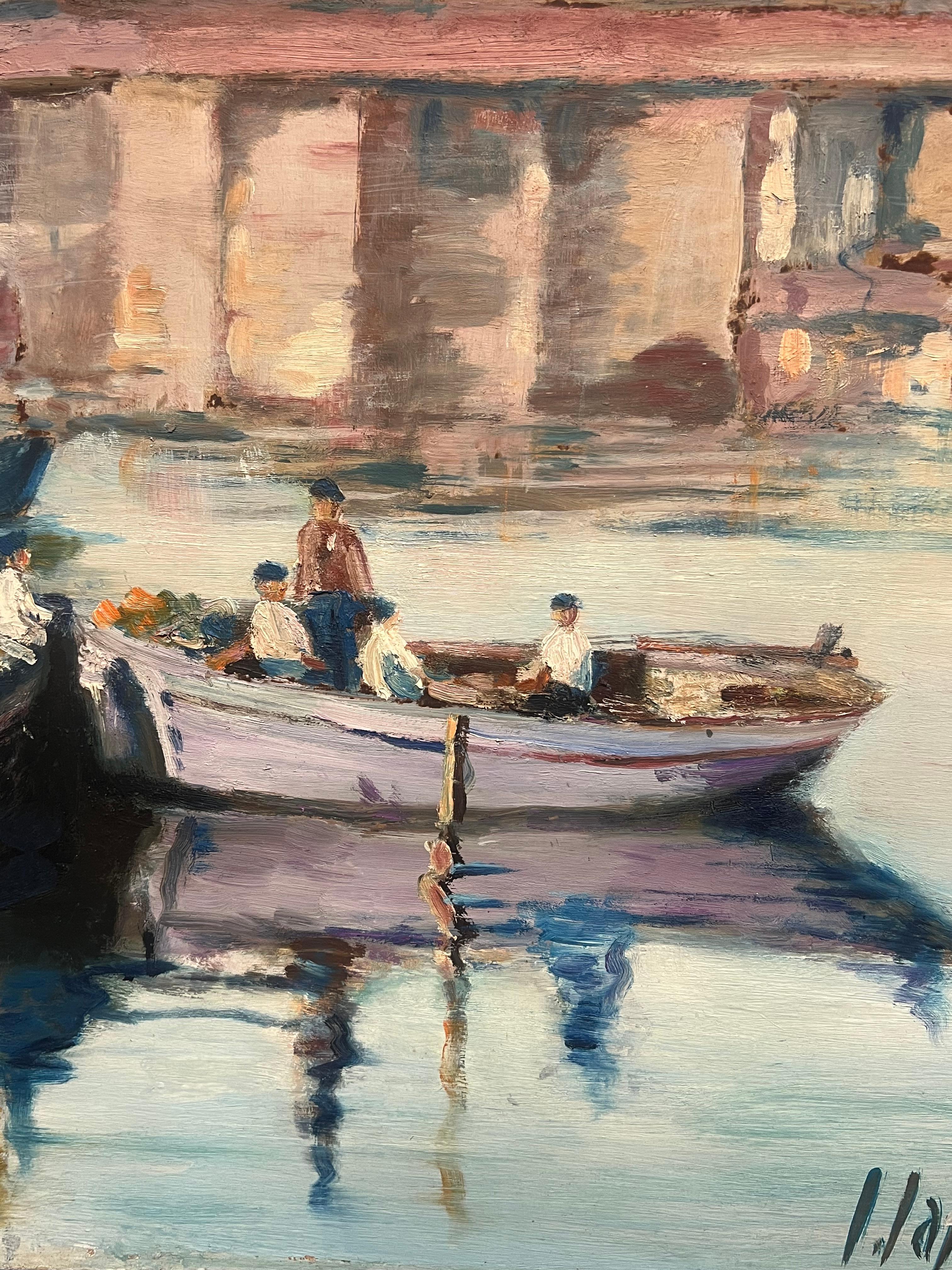 Large Mid Century French Impressionist Signed Oil Painting Busy Fishing Harbor For Sale 11