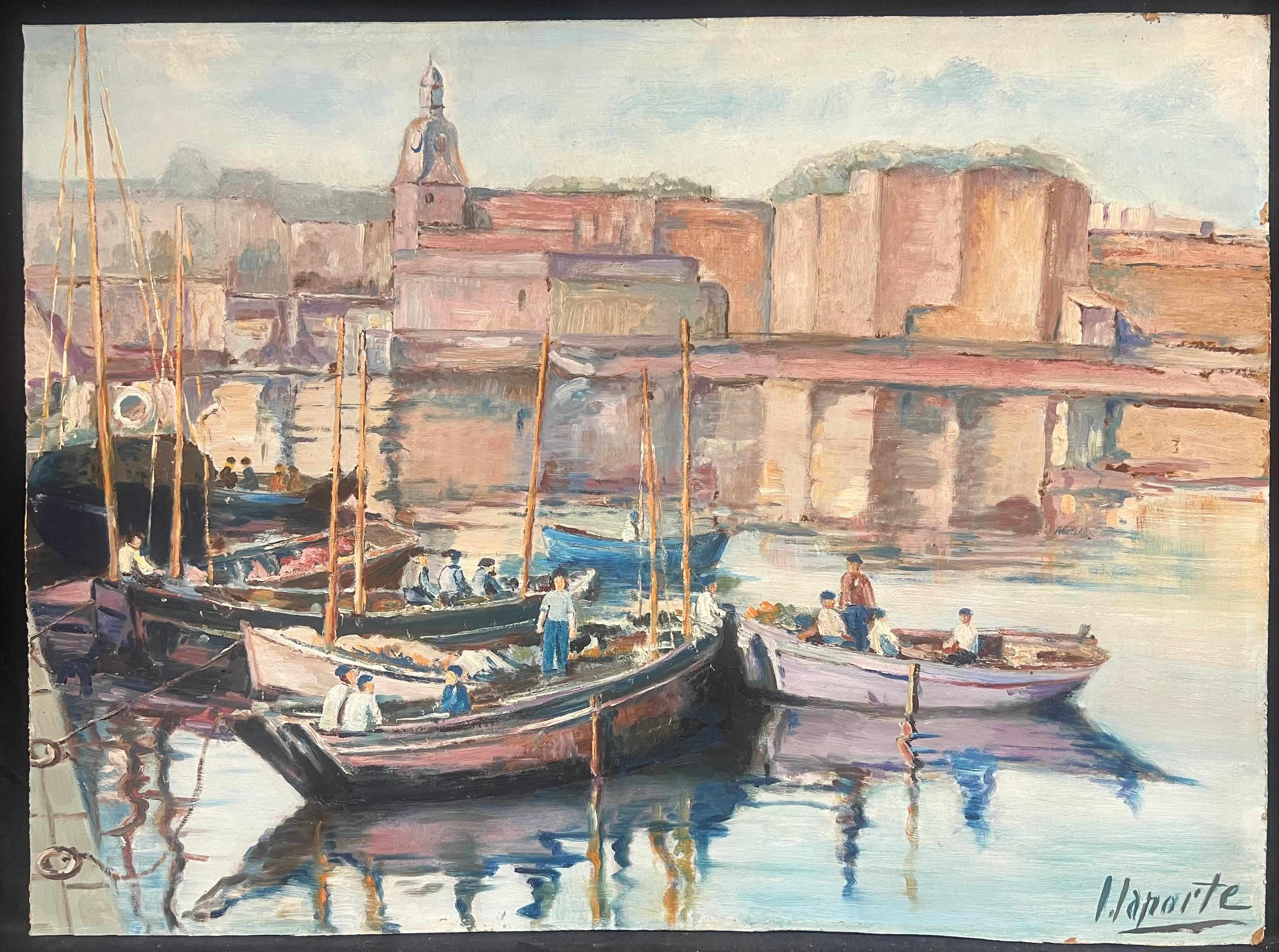 Large Mid Century French Impressionist Signed Oil Painting Busy Fishing Harbor - Beige Landscape Painting by French School