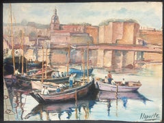 Large Mid Century French Impressionist Signed Oil Painting Busy Fishing Harbor