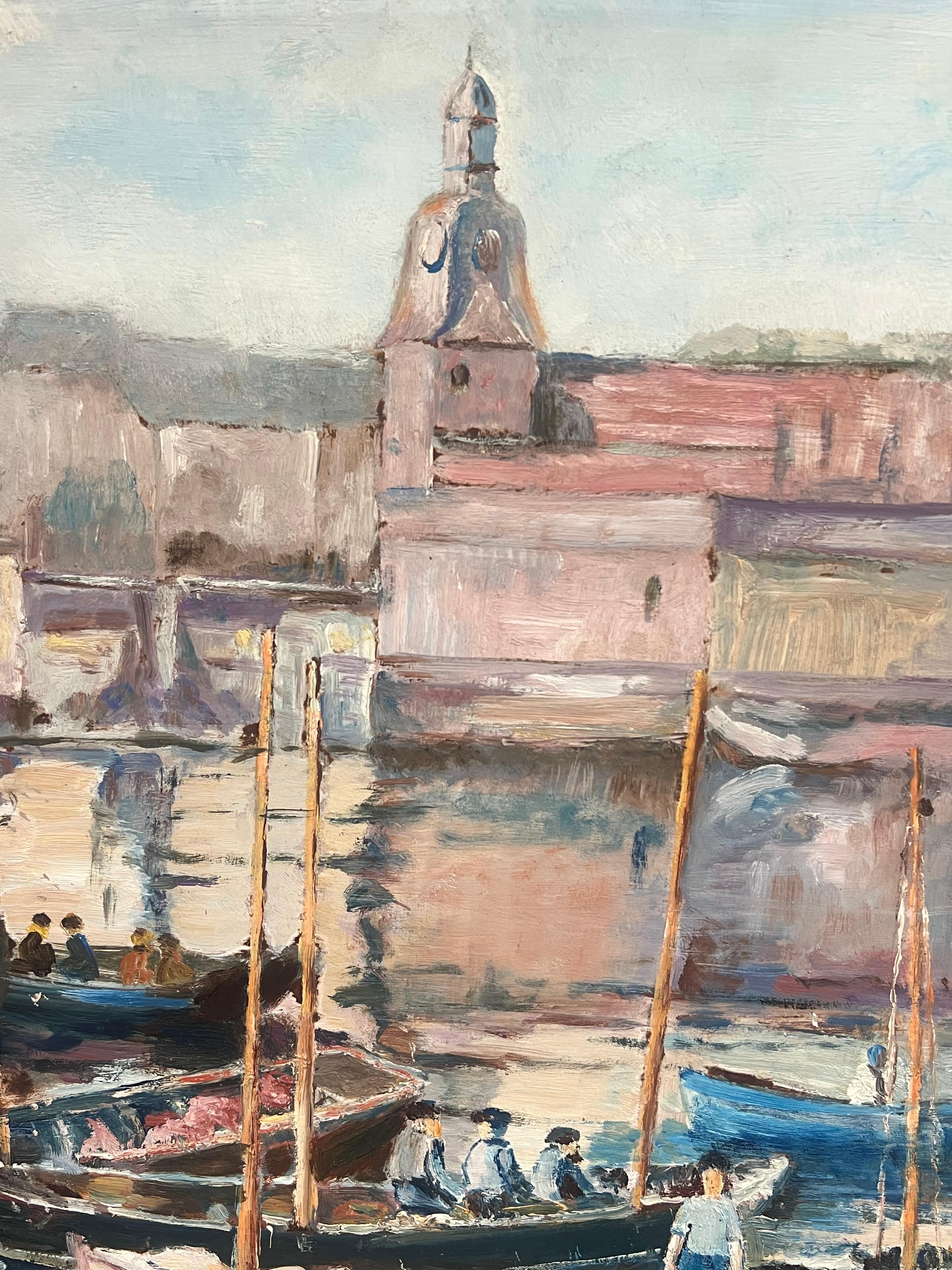 Large Mid Century French Impressionist Signed Oil Painting Busy Fishing Harbor For Sale 1