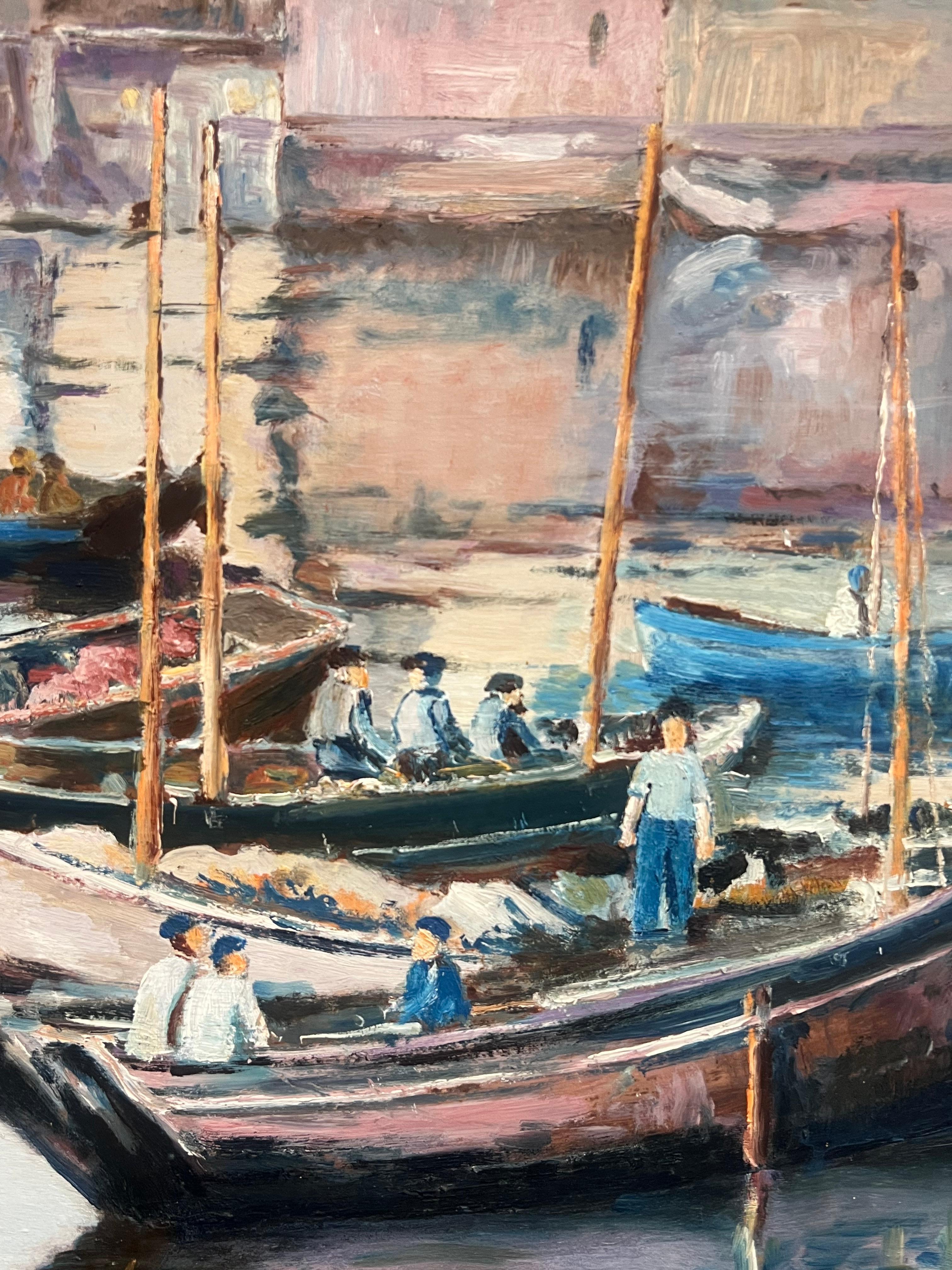 Large Mid Century French Impressionist Signed Oil Painting Busy Fishing Harbor For Sale 2