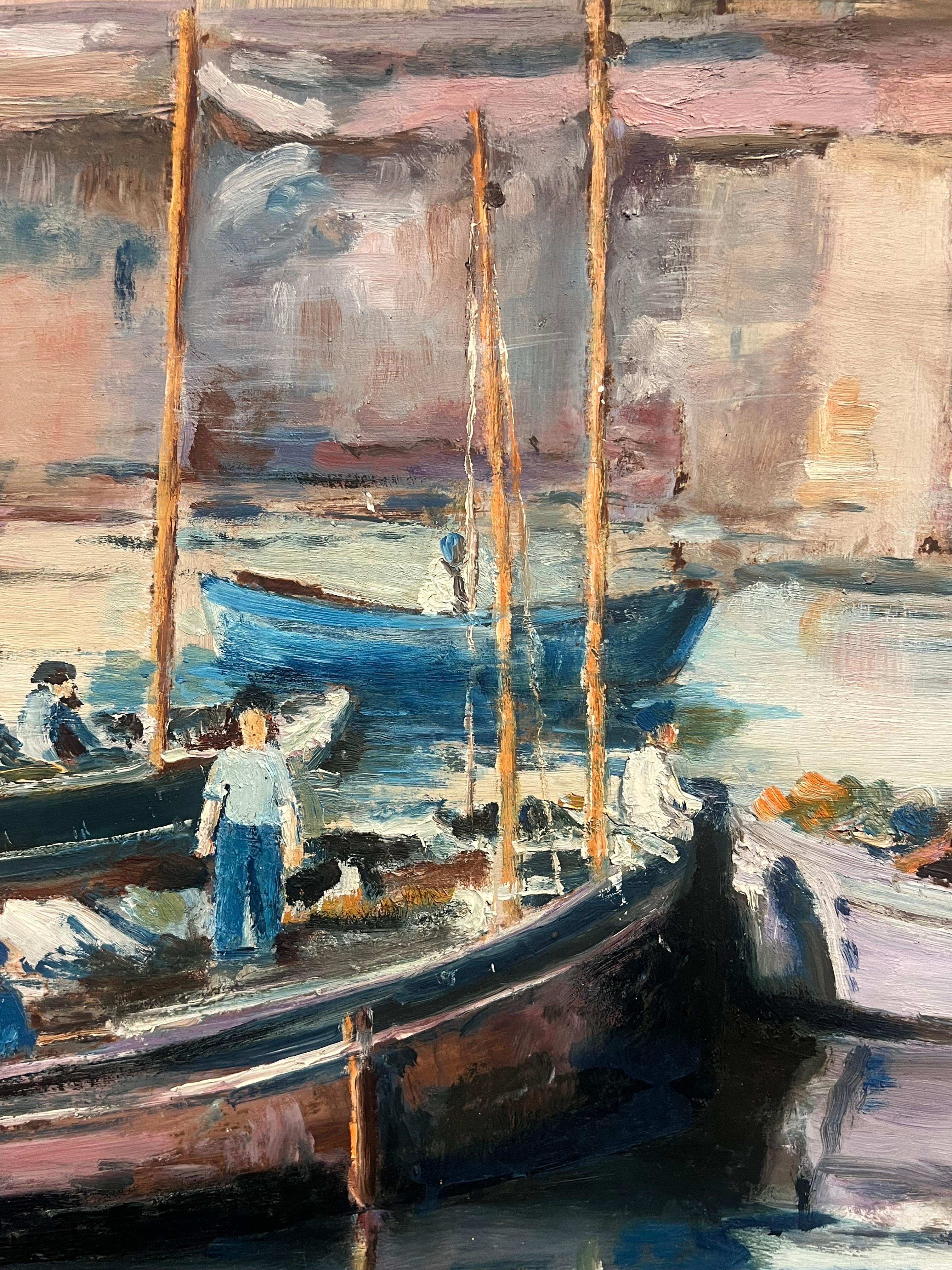 Large Mid Century French Impressionist Signed Oil Painting Busy Fishing Harbor For Sale 3