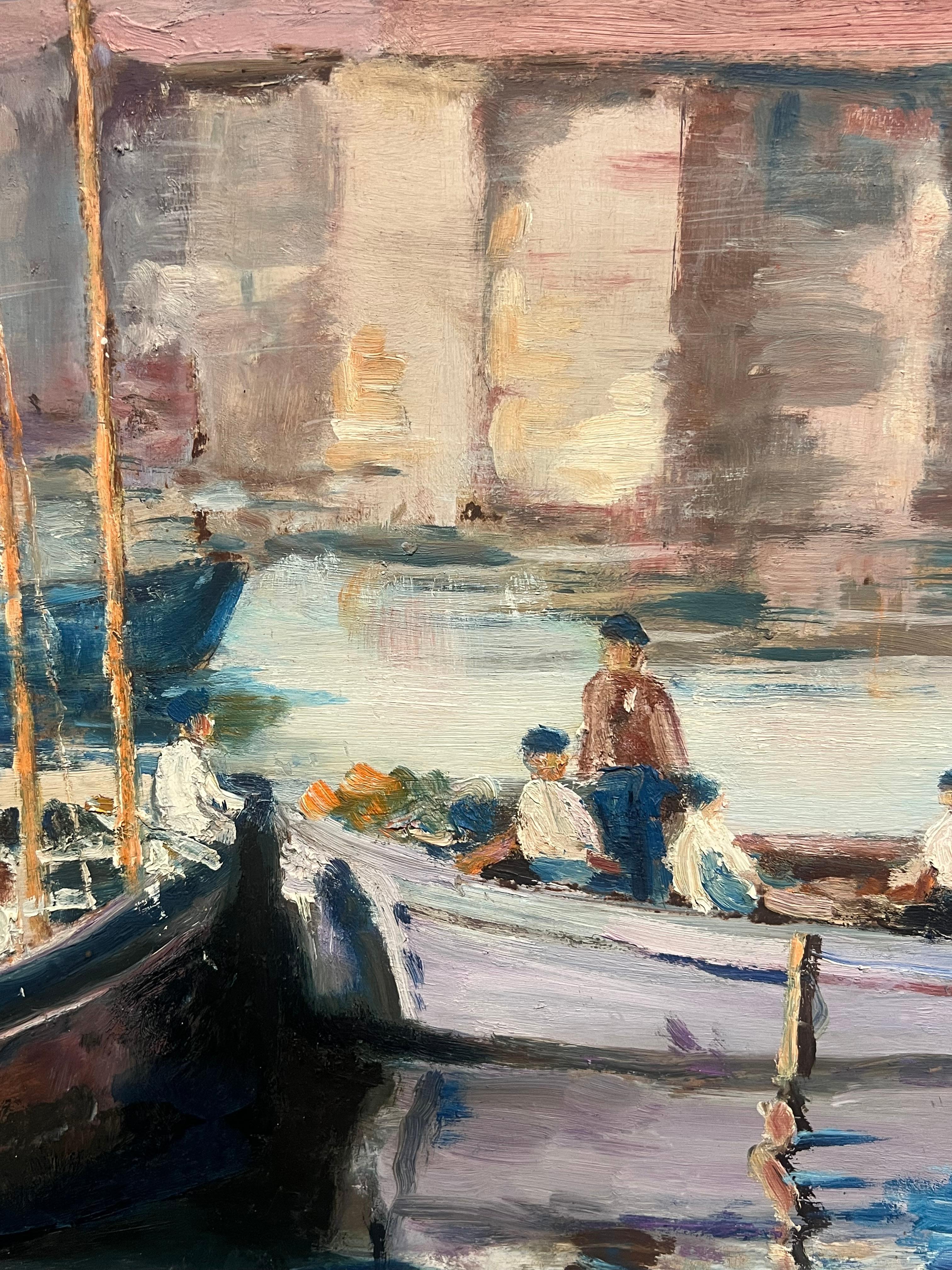 Large Mid Century French Impressionist Signed Oil Painting Busy Fishing Harbor For Sale 4