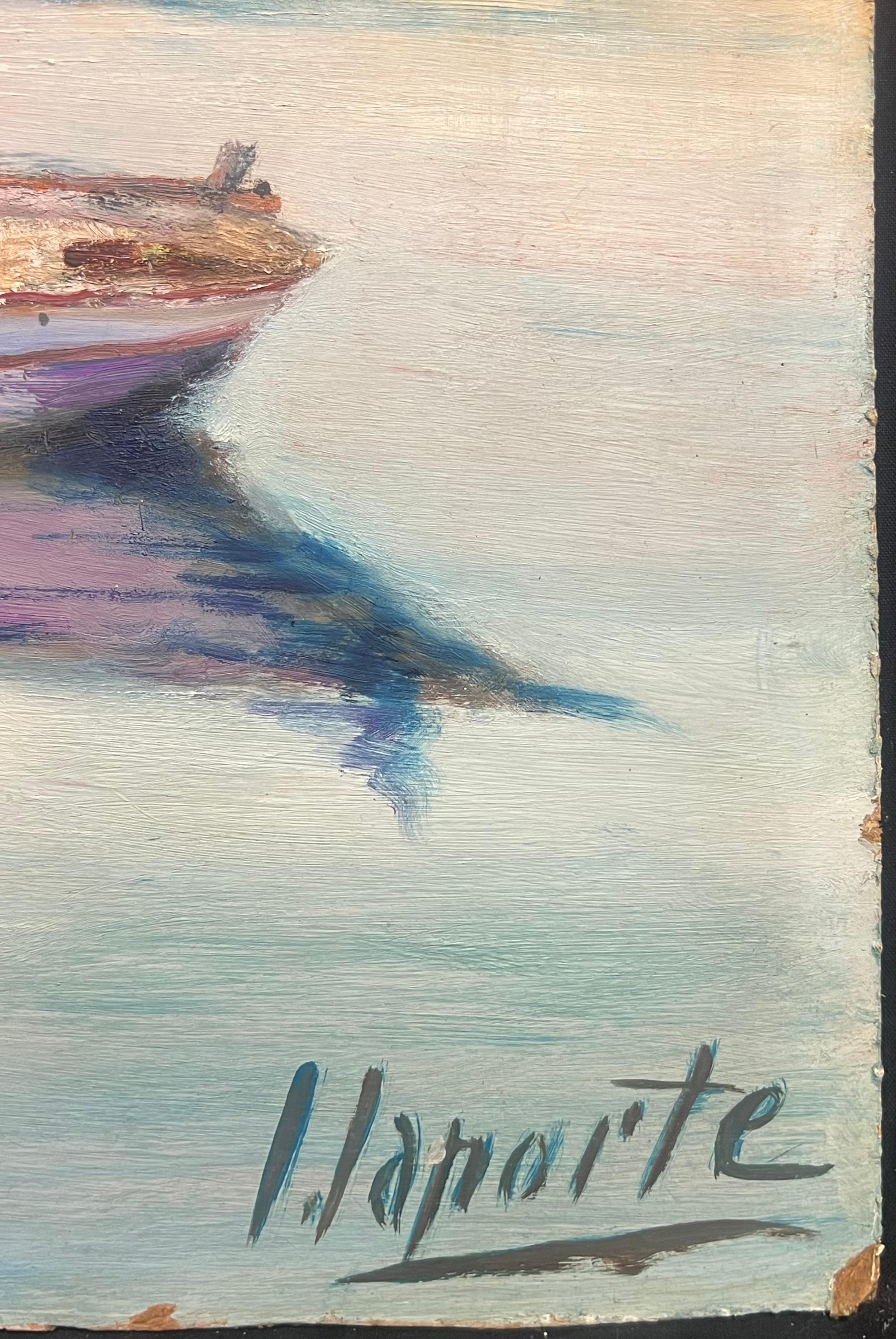 Large Mid Century French Impressionist Signed Oil Painting Busy Fishing Harbor For Sale 6