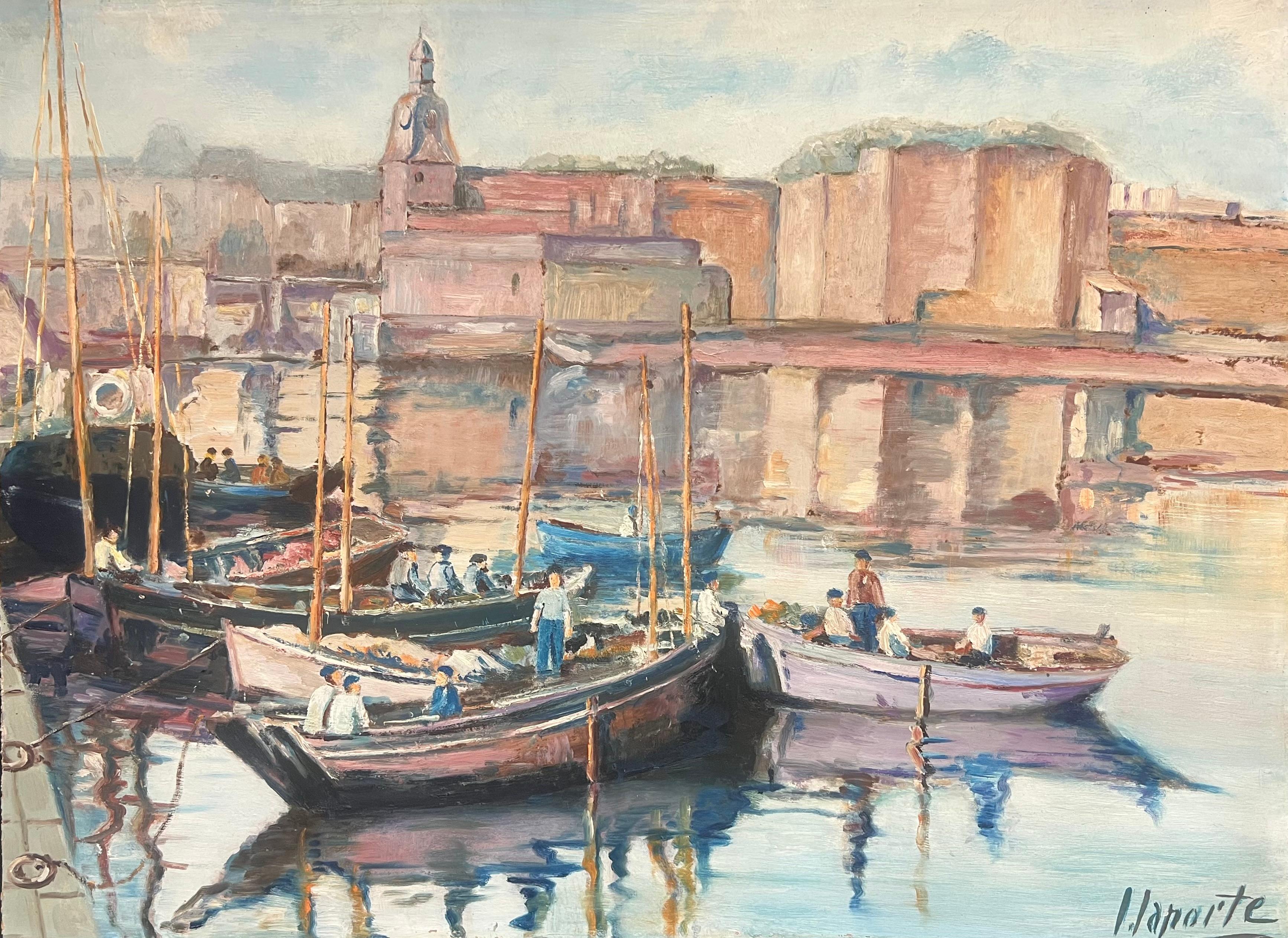 French School Landscape Painting - Large Mid Century French Impressionist Signed Oil Painting Busy Fishing Harbor