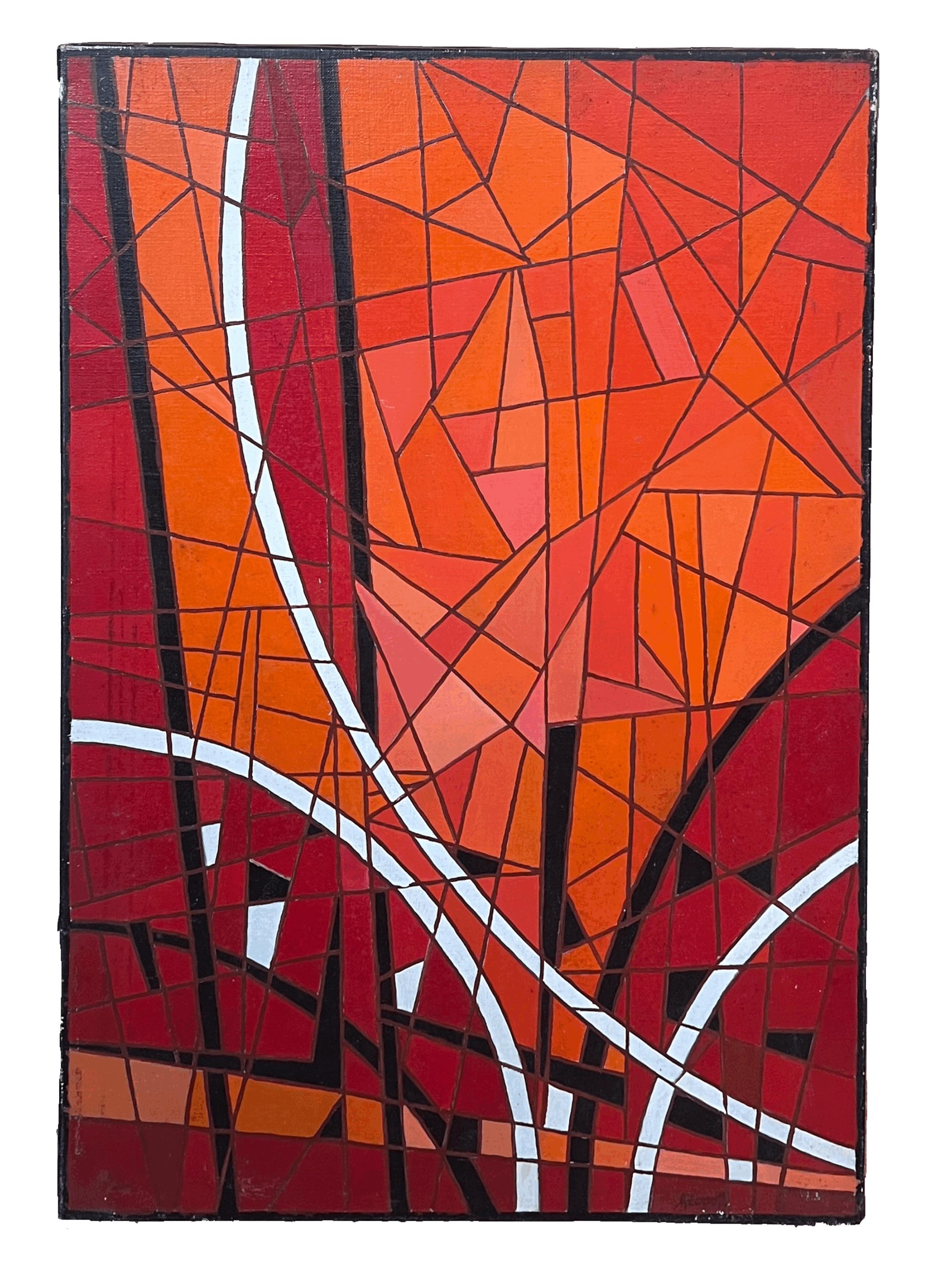 Large Mosaic Style Abstract French Oil Painting c.1980's Bright Colors - Red Abstract Painting by French School