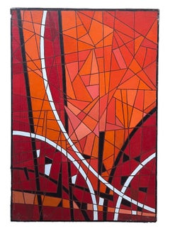 Large Mosaic Style Abstract French Oil Painting c.1980's Bright Colors