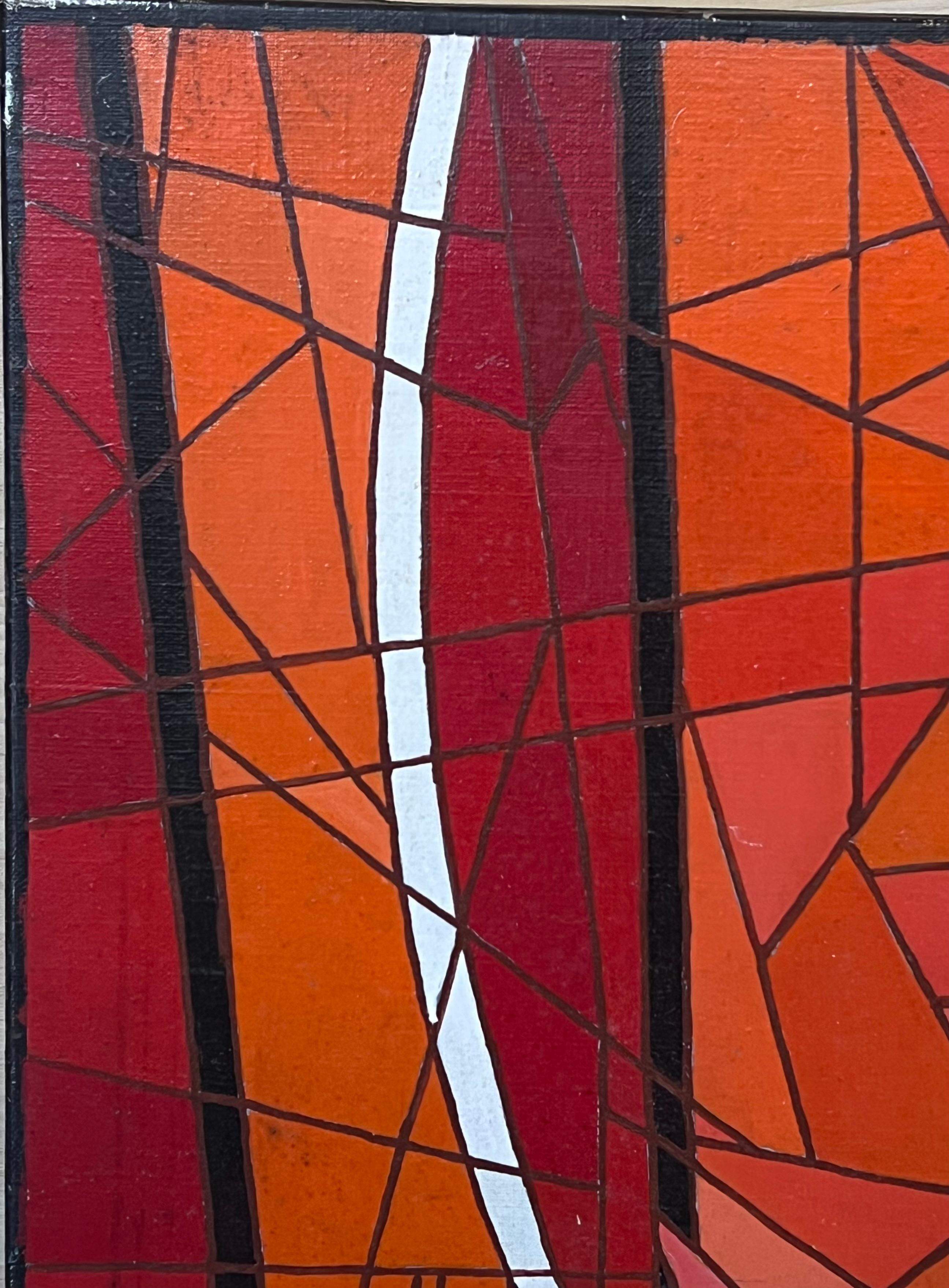 Large Mosaic Style Abstract French Oil Painting c.1980's Bright Colors For Sale 1