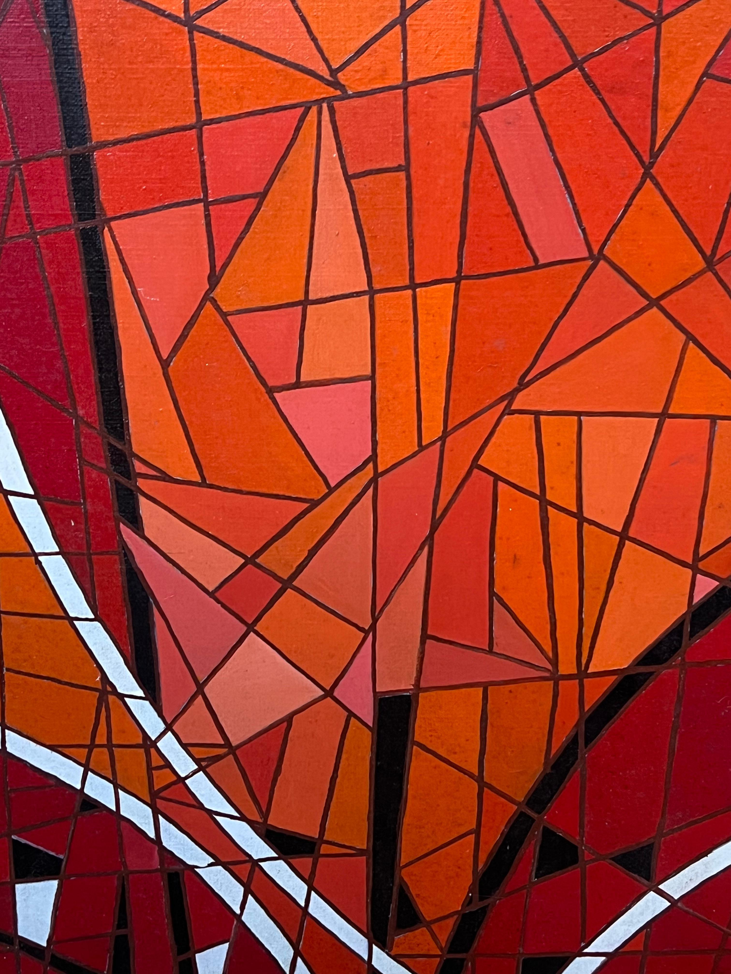 Large Mosaic Style Abstract French Oil Painting c.1980's Bright Colors For Sale 2