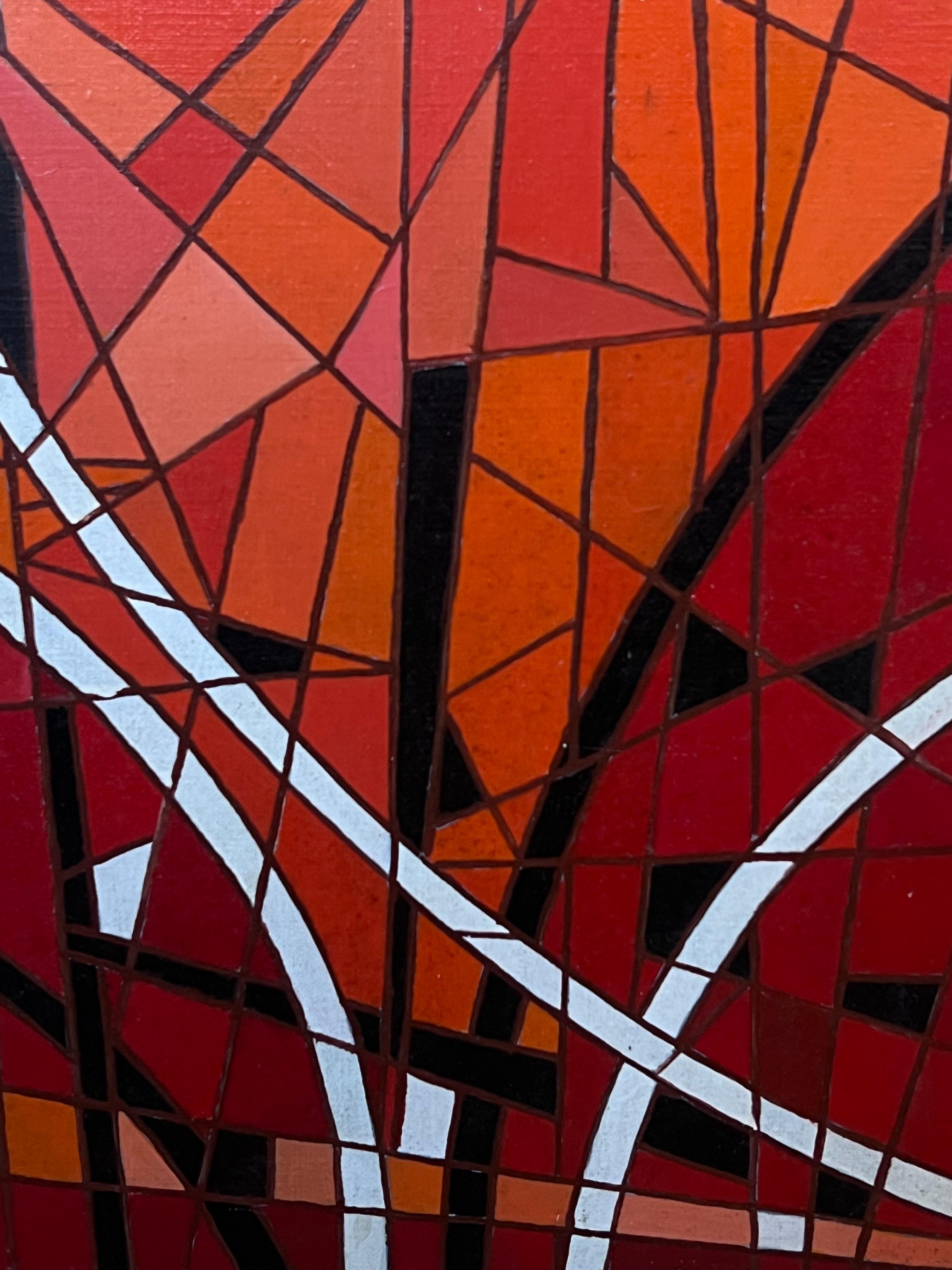 Large Mosaic Style Abstract French Oil Painting c.1980's Bright Colors For Sale 3