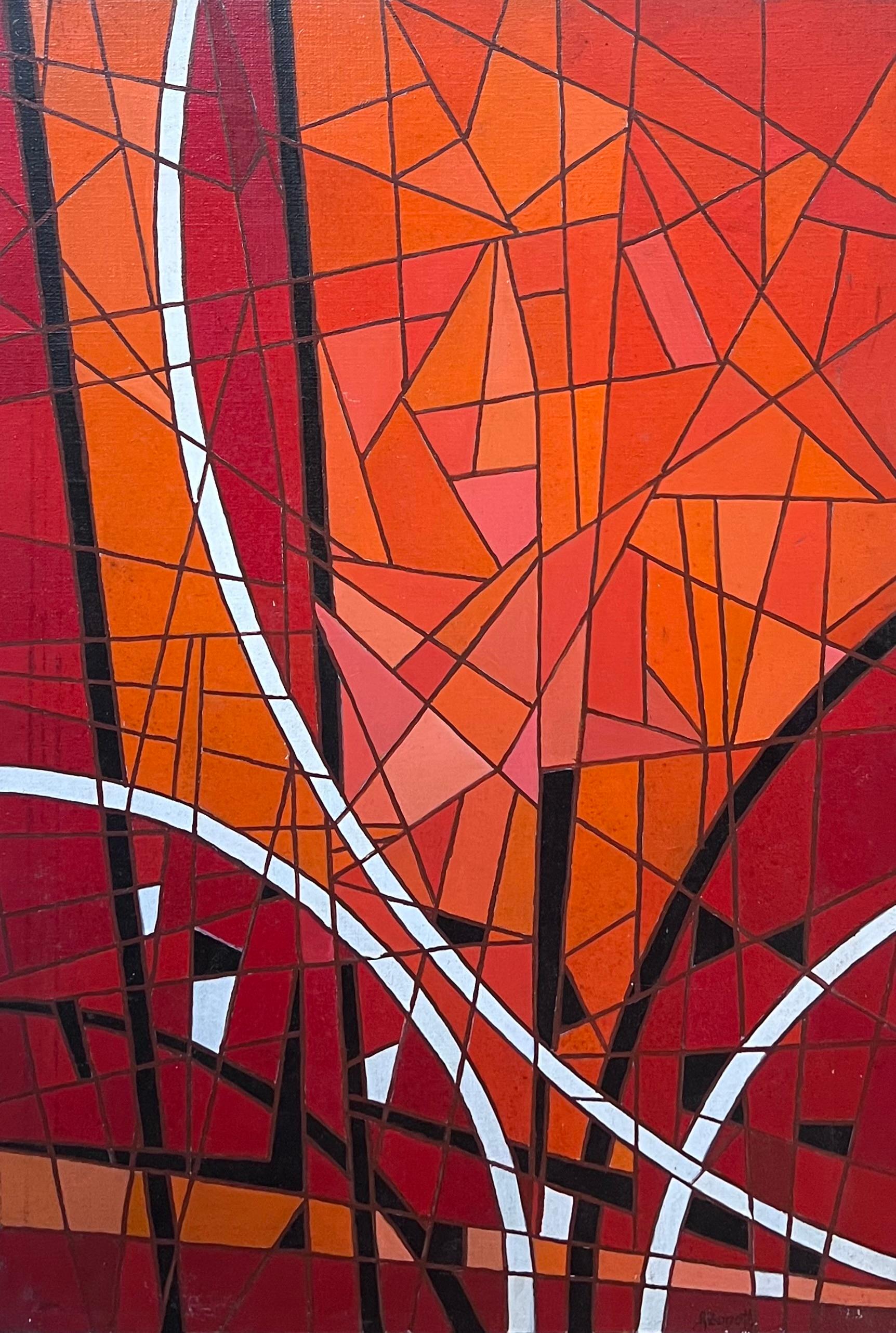 French School Abstract Painting - Large Mosaic Style Abstract French Oil Painting c.1980's Bright Colors