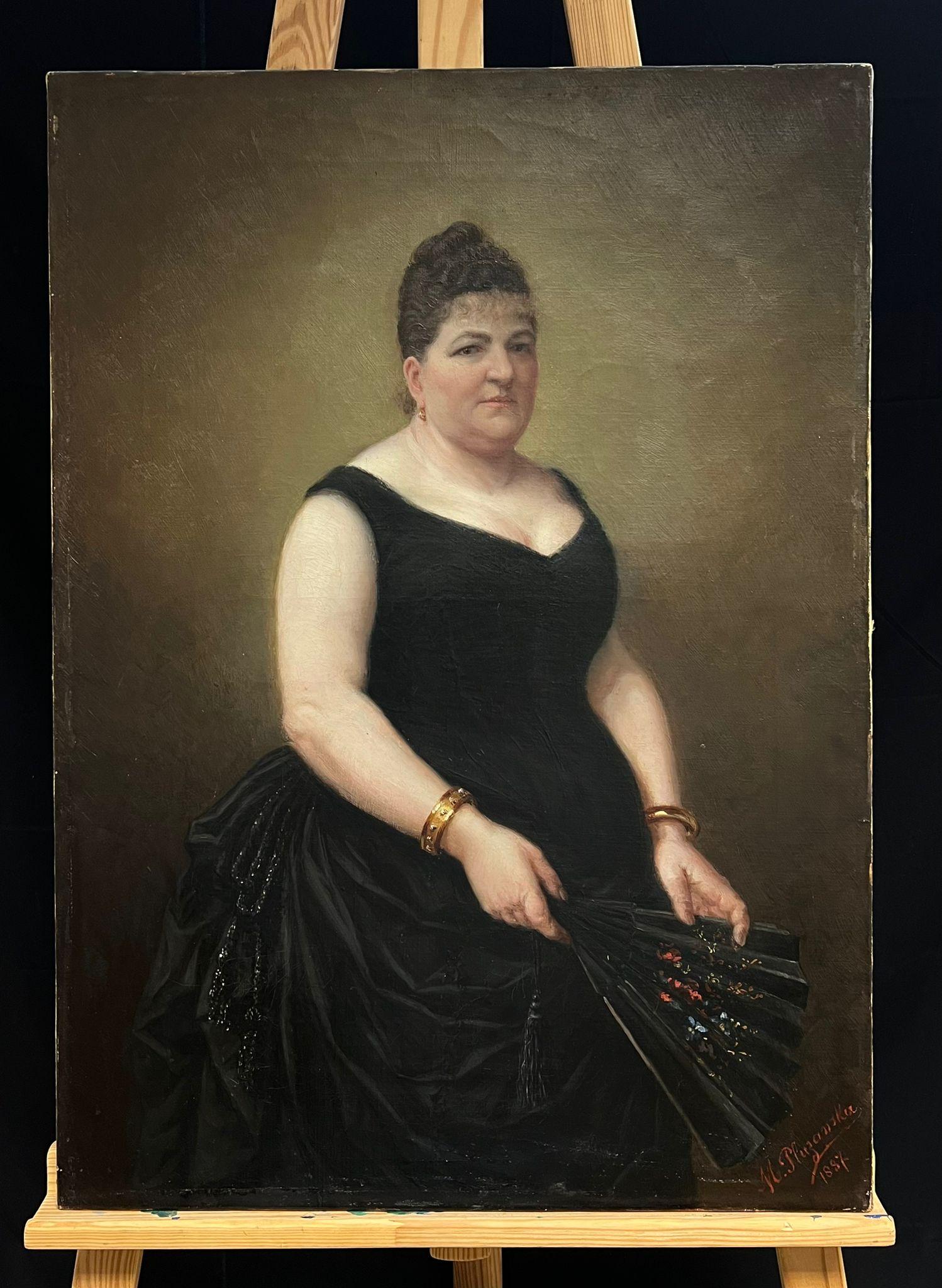 Late 19th Century French Portrait of a Lady in Black Evening Dress with Fan - Painting by French School