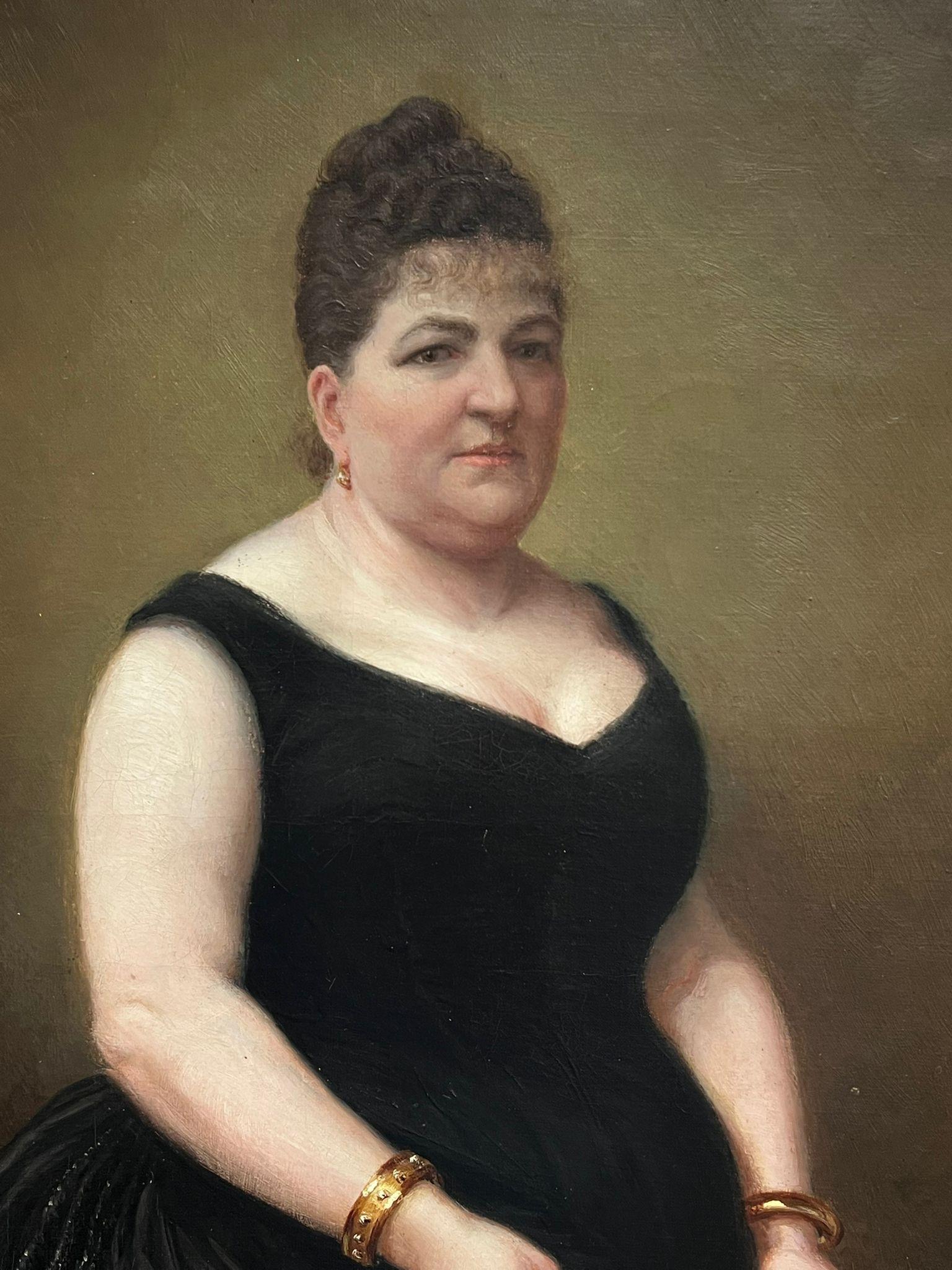 Late 19th Century French Portrait of a Lady in Black Evening Dress with Fan - Impressionist Painting by French School