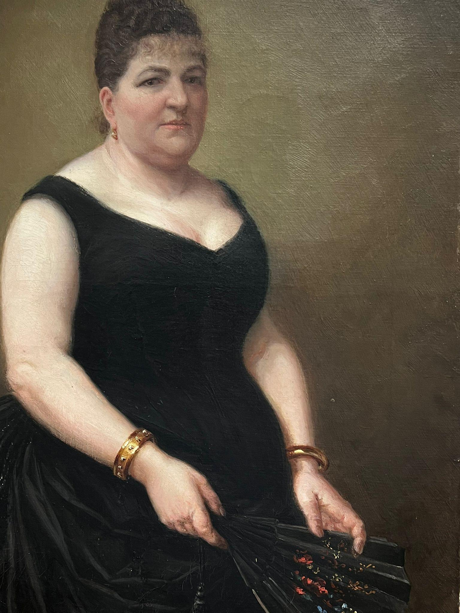 Portrait of a Lady in Black Evening Dress with Fan 
signed indistinctly lower corner
oil on canvas, unframed
dated 1887
Canvas: 27.5 x 20 inches
Provenance: private collection, France
Condition: very good condition 

Description:
This imposing